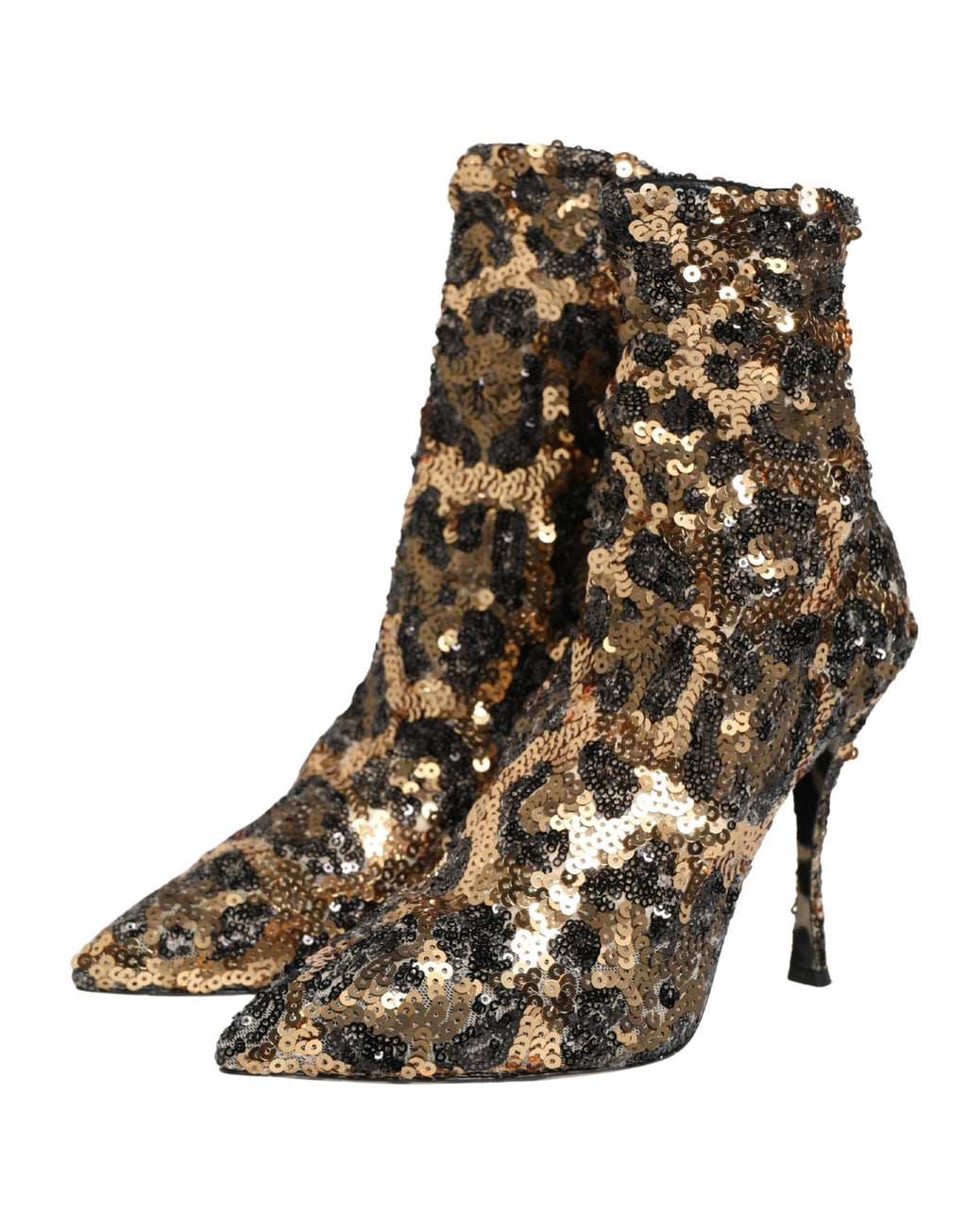 Chaussures bottines à talons Dolce & Gabbana en sequins dorés et léopard, style ankle boots avec motif brillant et élégant.