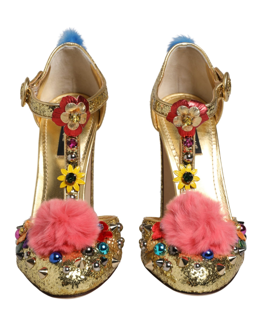 Dolce & Gabbana Gold Glitzer T-Riemen-Sandalen mit Pelzbesatz