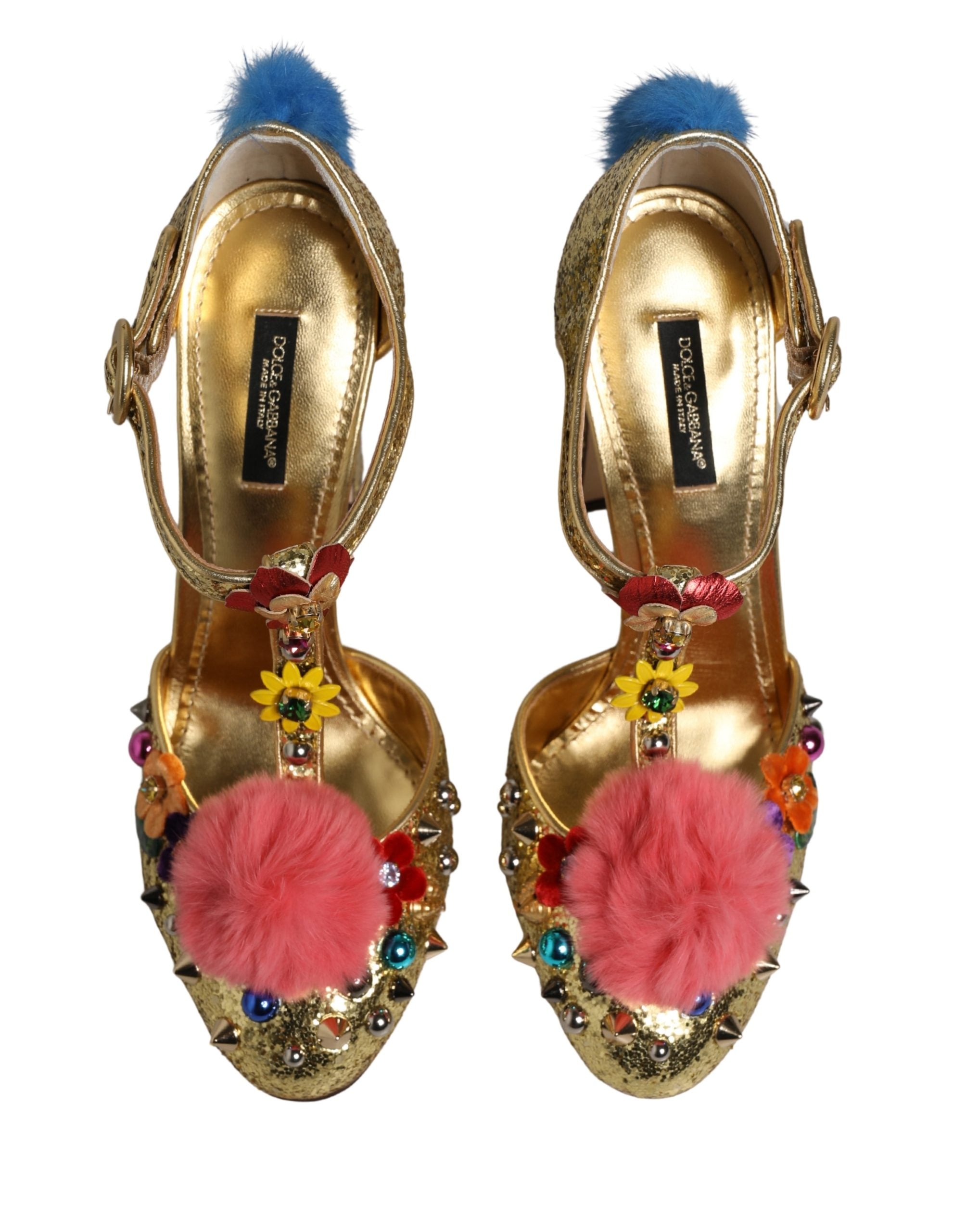 Dolce & Gabbana Gold Glitzer T-Riemen-Sandalen mit Pelzbesatz