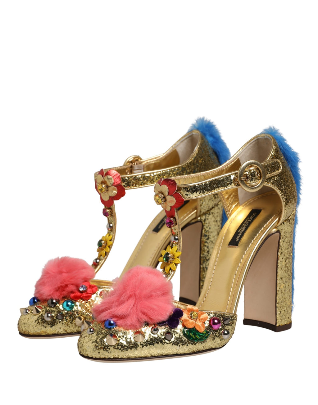 Dolce & Gabbana Gold Glitzer T-Riemen-Sandalen mit Pelzbesatz