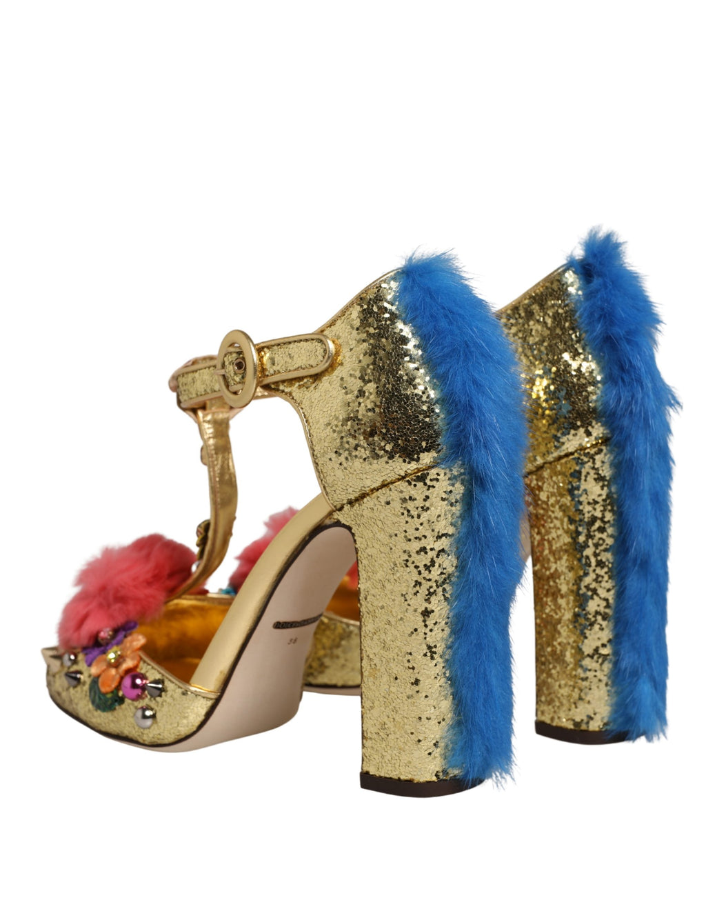 Dolce & Gabbana Gold Glitzer T-Riemen-Sandalen mit Pelzbesatz