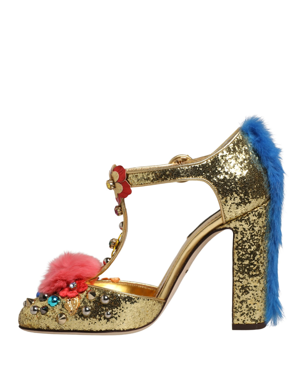 Dolce & Gabbana Gold Glitzer T-Riemen-Sandalen mit Pelzbesatz