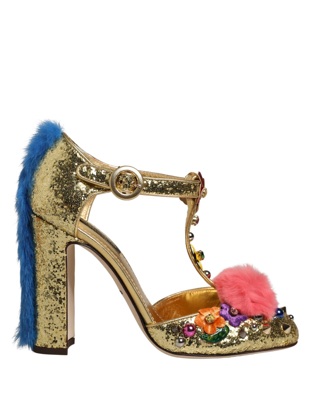 Dolce & Gabbana Gold Glitzer T-Riemen-Sandalen mit Pelzbesatz