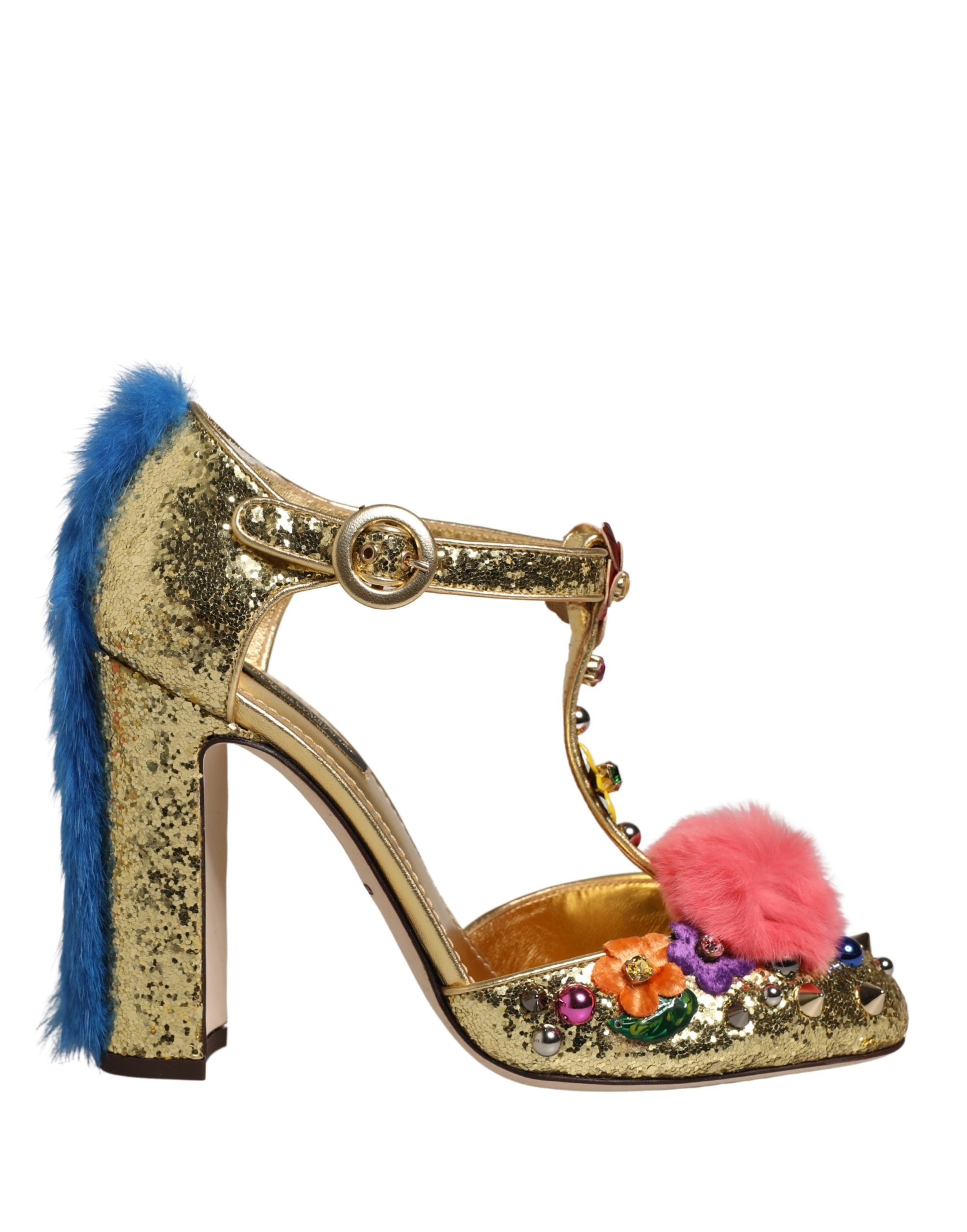 Dolce & Gabbana Gold Glitzer T-Riemen-Sandalen mit Pelzbesatz
