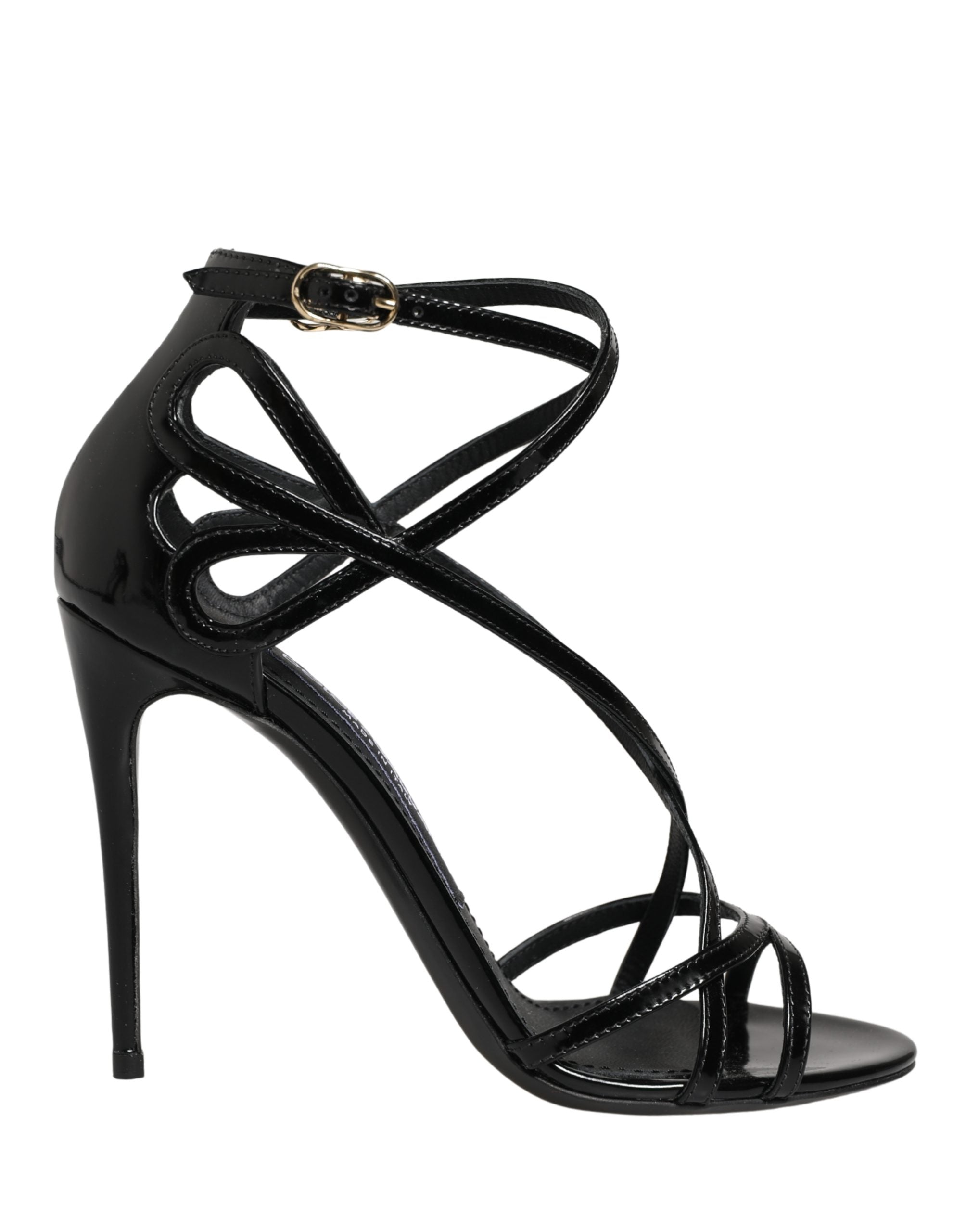 Sandales Dolce & Gabbana en cuir noir avec talons stilettos, fermeture à bride et semelle en cuir, vues de côté.