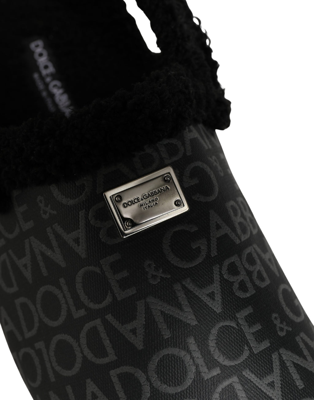Mules Dolce & Gabbana en jacquard gris avec fausse fourrure, chaussures élégantes et confortables pour femmes.