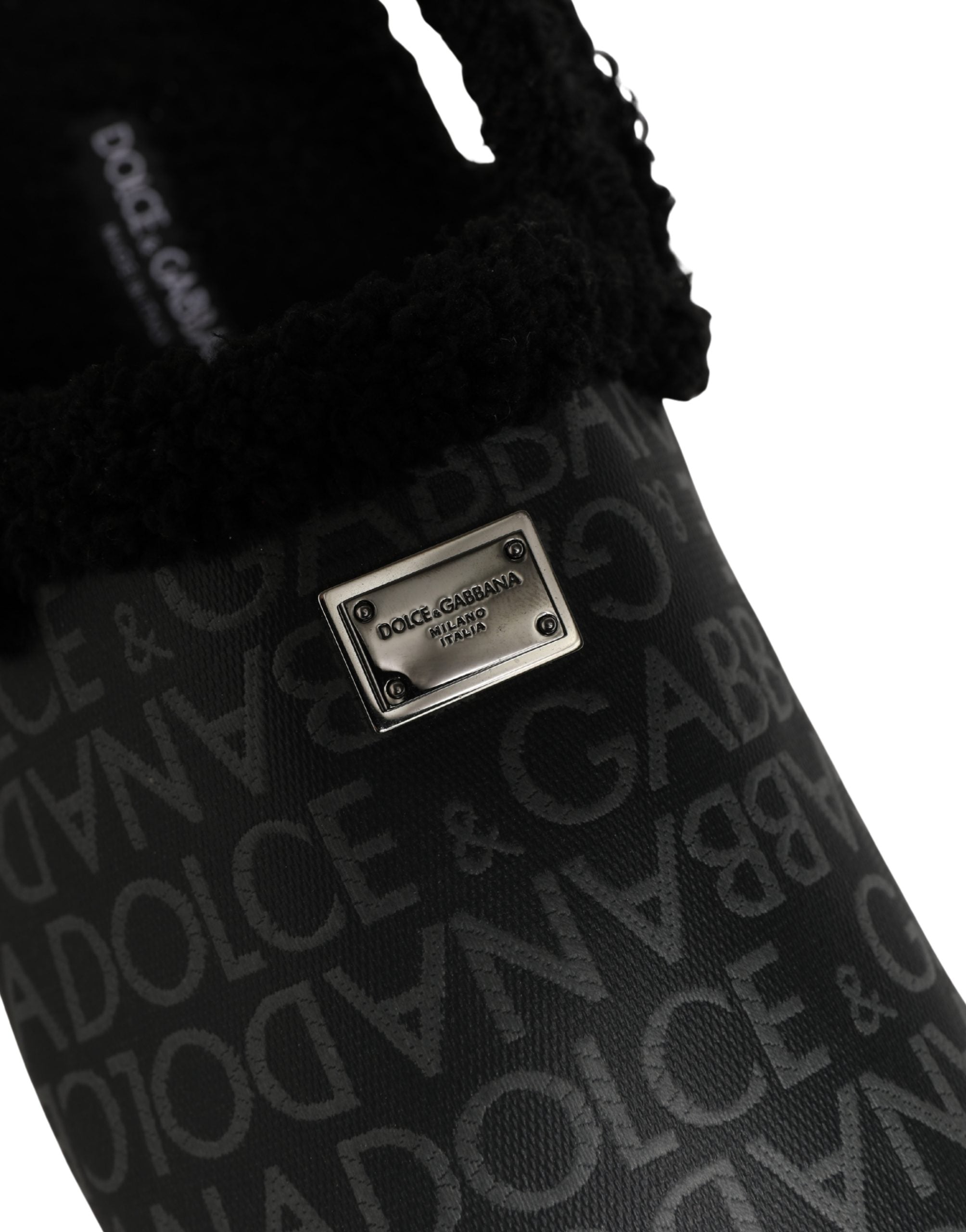 Mules Dolce & Gabbana en jacquard gris avec fausse fourrure, chaussures élégantes et confortables pour femmes.