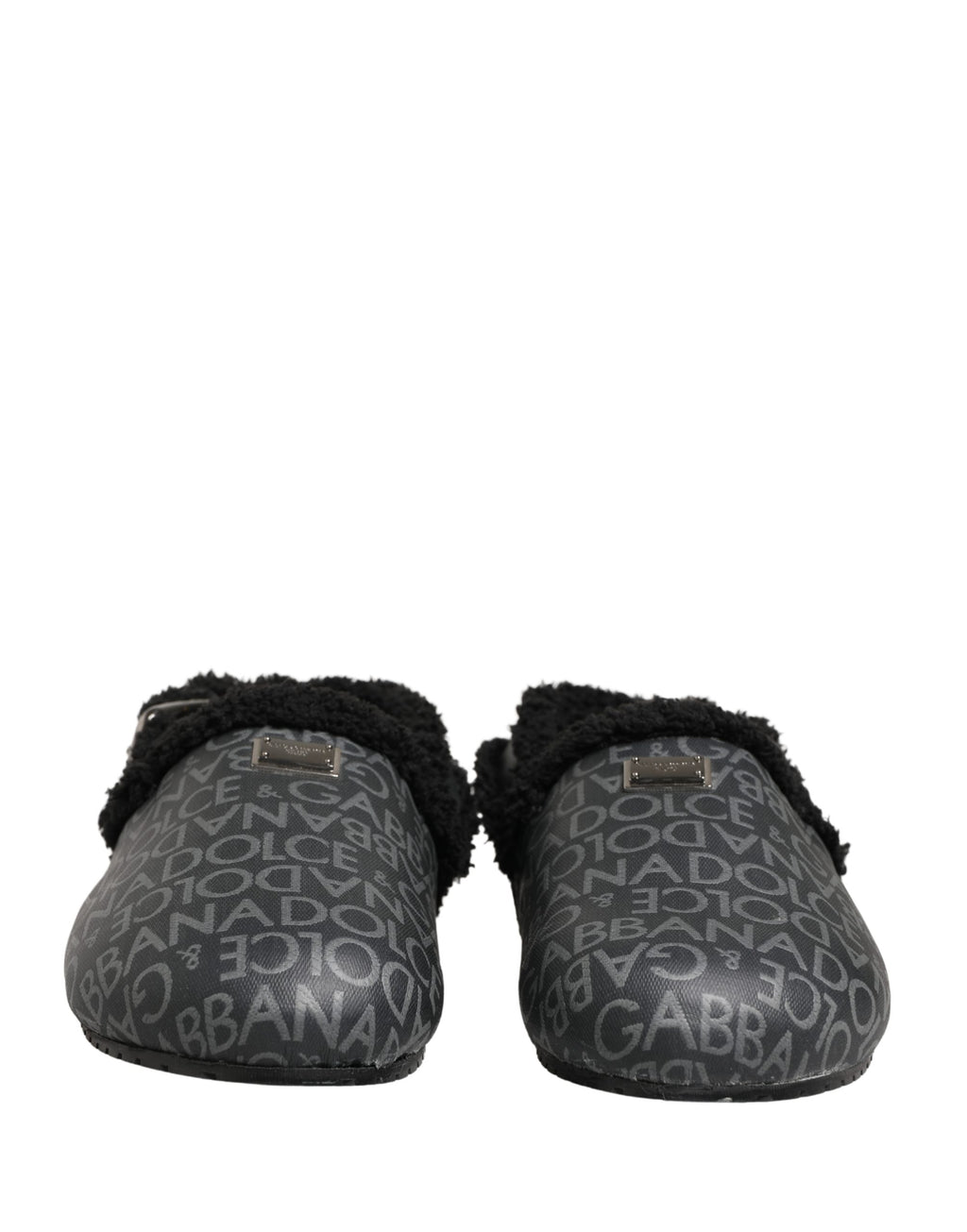 Chaussures mules Dolce & Gabbana en jacquard gris avec fausse fourrure, design élégant et sophistiqué
