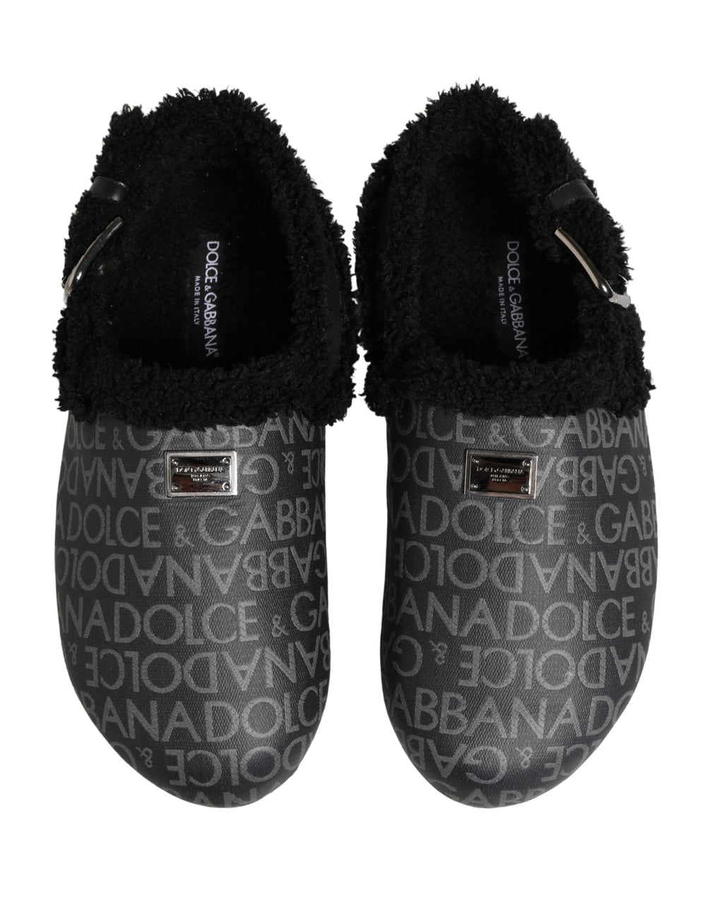 Mules Dolce & Gabbana en jacquard gris avec fausse fourrure, chaussures élégantes et confortables pour femme.