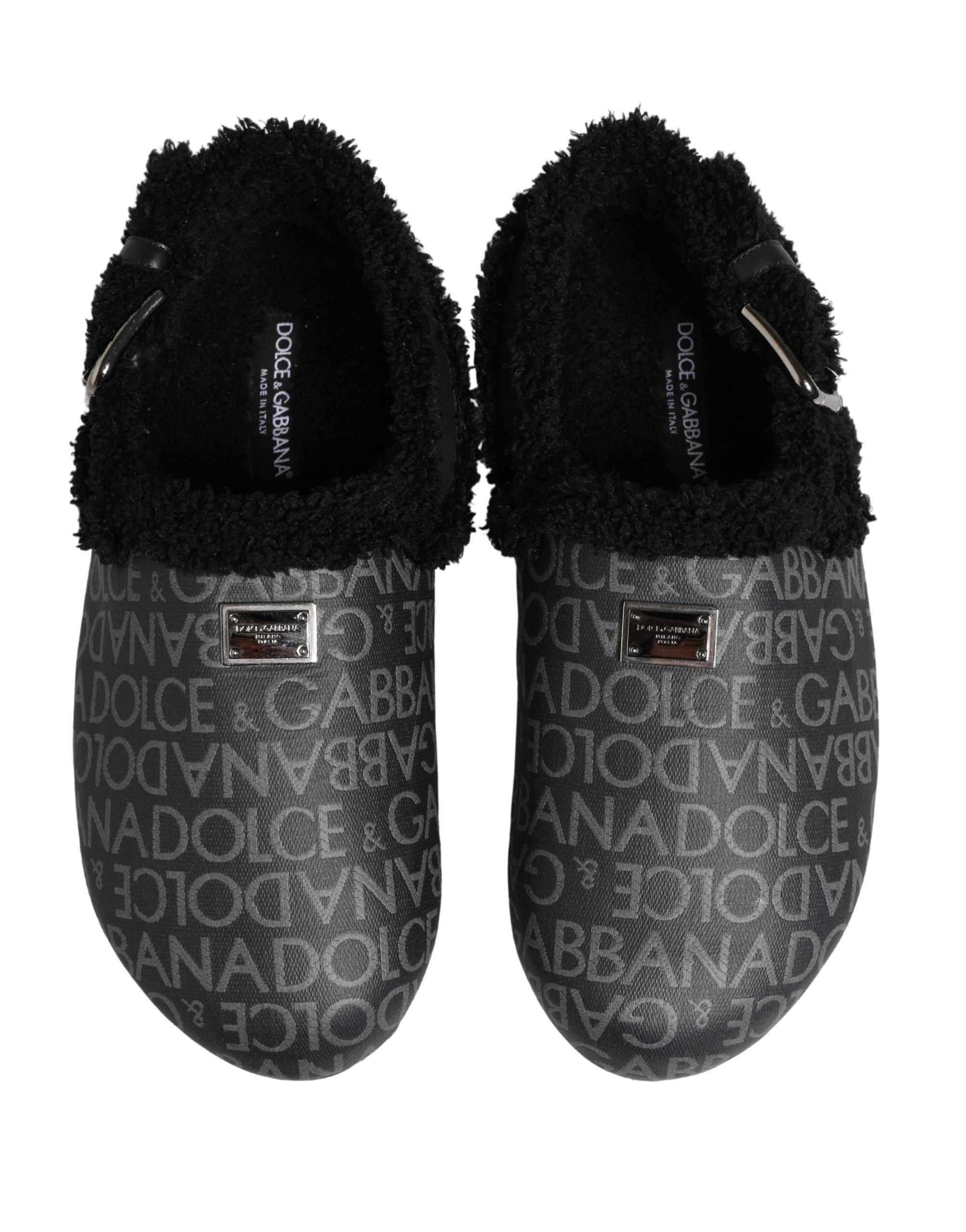 Mules Dolce & Gabbana en jacquard gris avec fausse fourrure, chaussures élégantes et confortables pour femme.