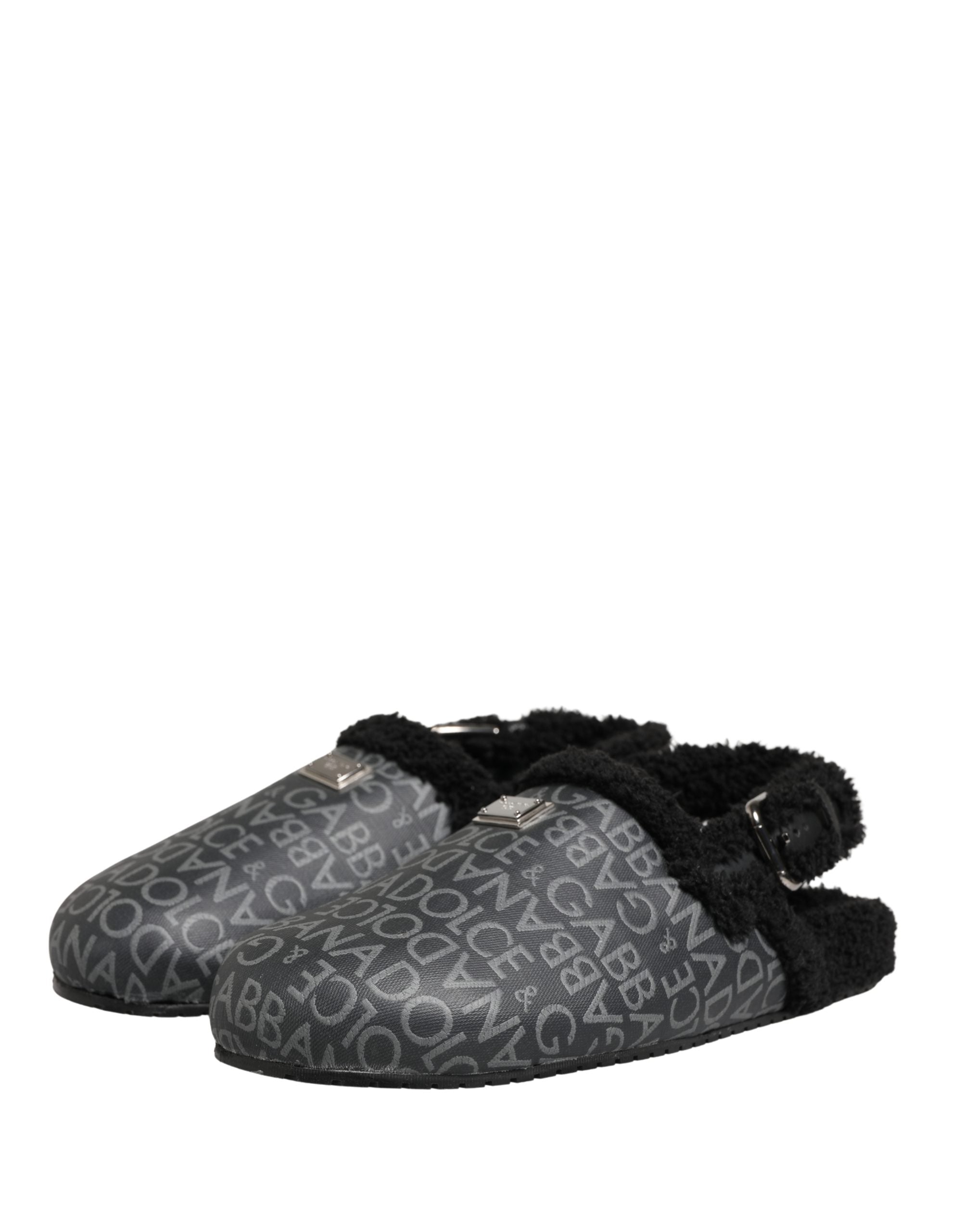 Mules Dolce & Gabbana en jacquard gris avec fausse fourrure, chaussures élégantes pour femme