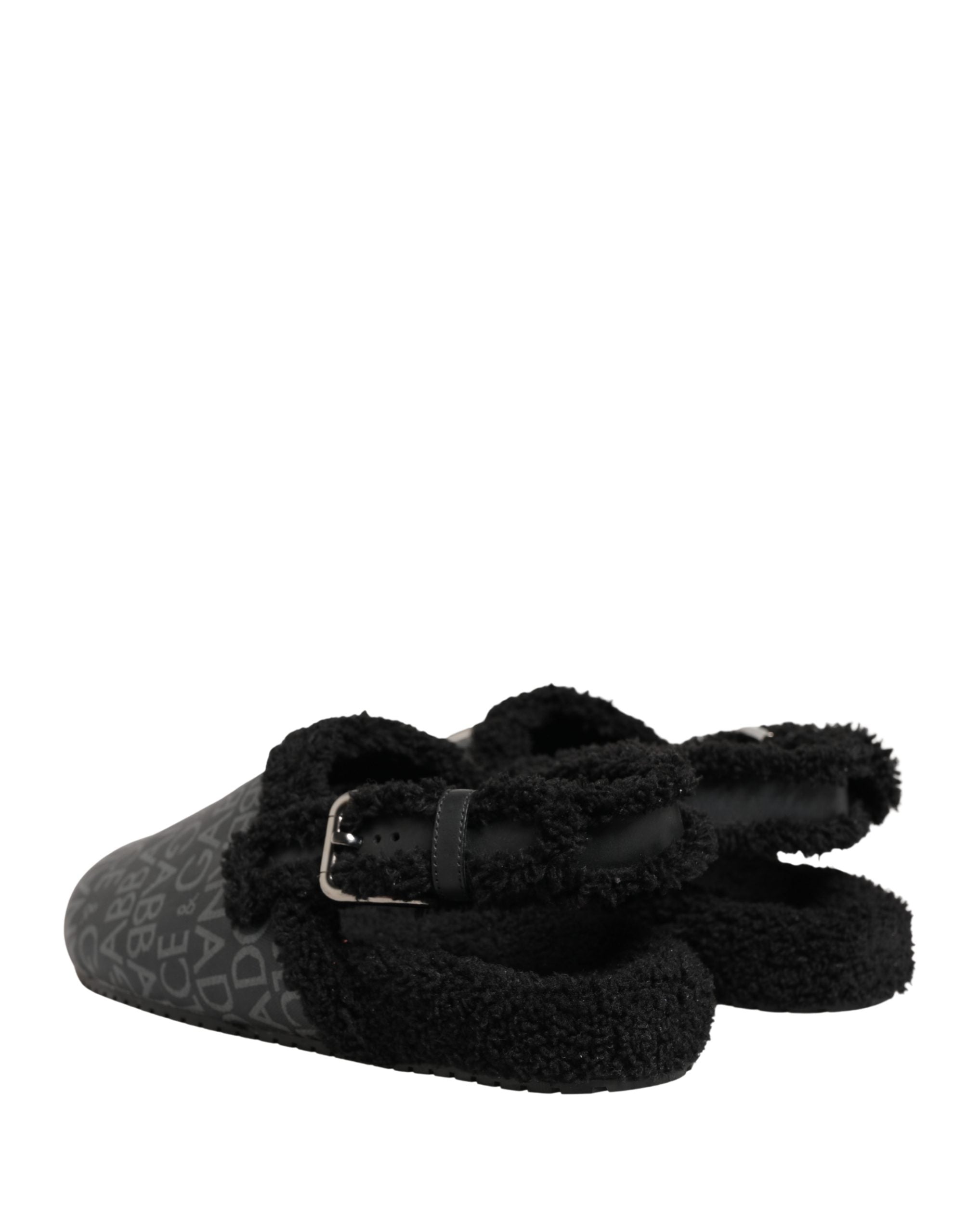 Mules Dolce & Gabbana en jacquard gris avec fausse fourrure, chaussures élégantes pour femmes.