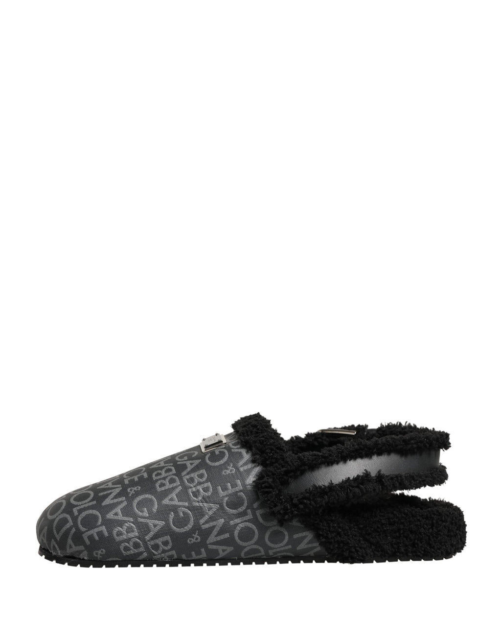 Mules Dolce & Gabbana en jacquard gris avec fausse fourrure, chaussures élégantes pour femmes.
