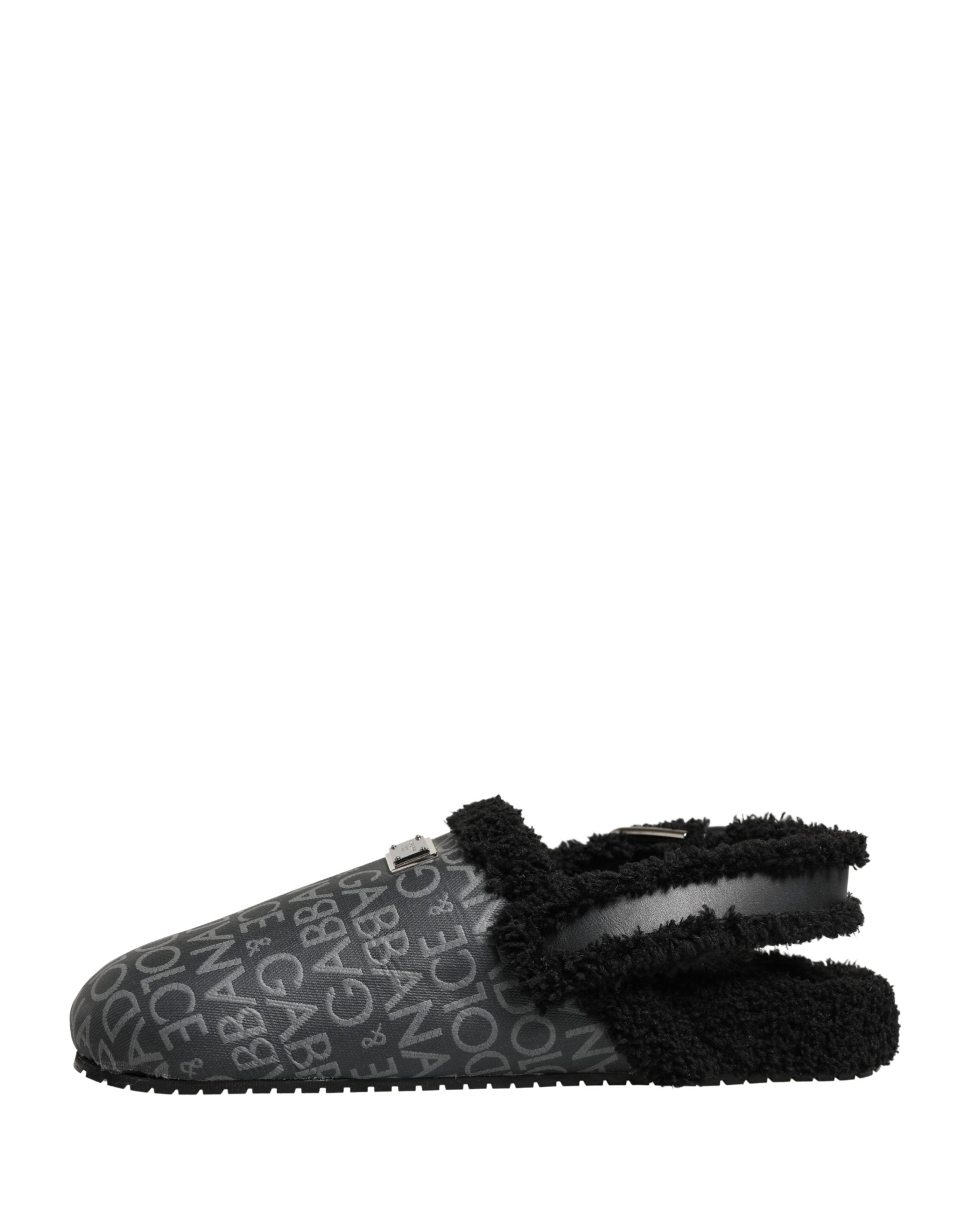 Mules Dolce & Gabbana en jacquard gris avec fausse fourrure, chaussures élégantes pour femmes.