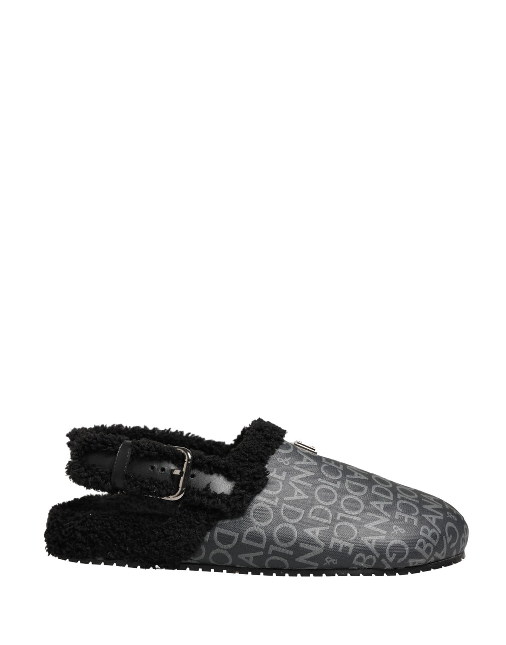 Mules Dolce & Gabbana en jacquard gris avec fausse fourrure, chaussures élégantes pour femmes.