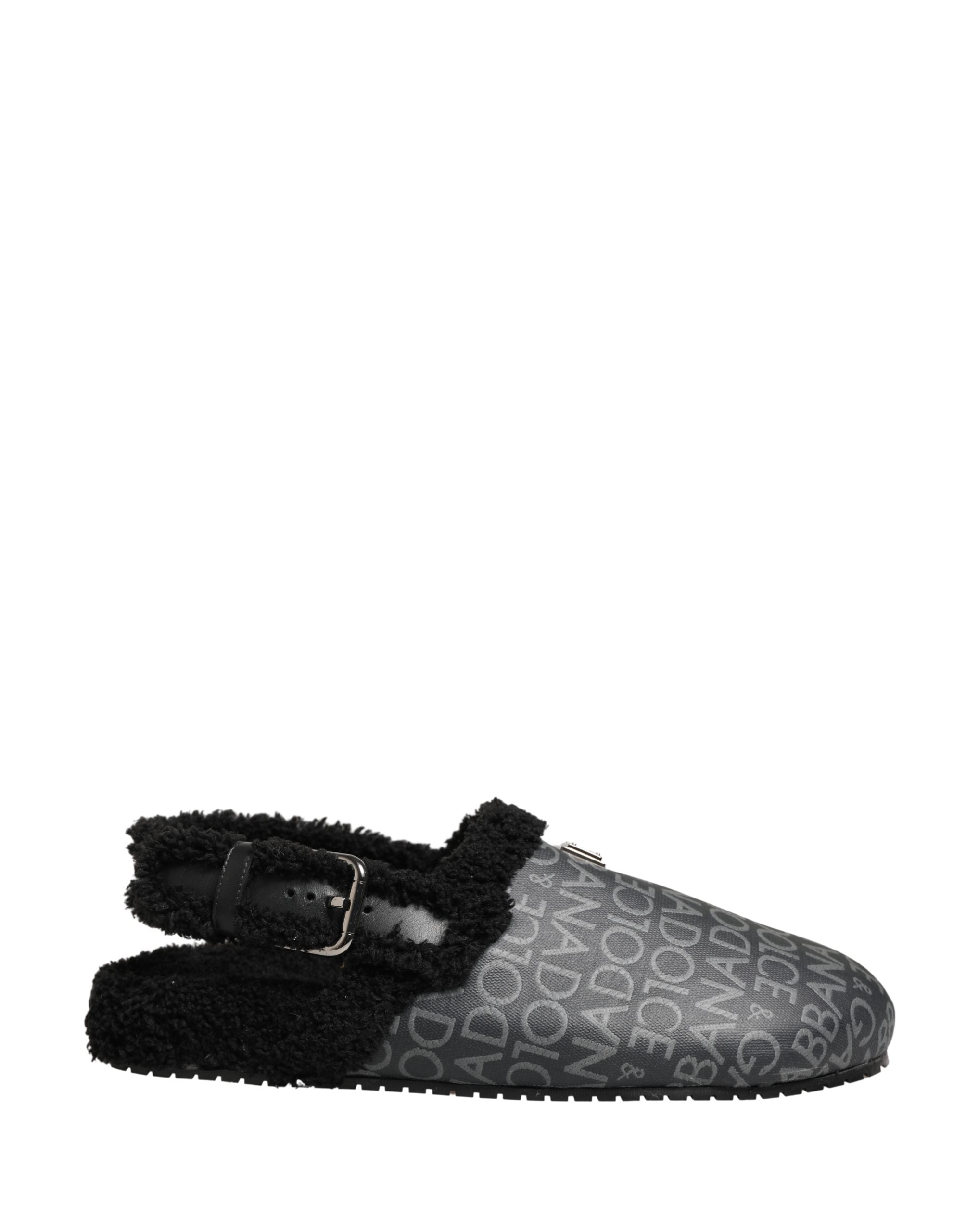 Mules Dolce & Gabbana en jacquard gris avec fausse fourrure, chaussures élégantes pour femmes.