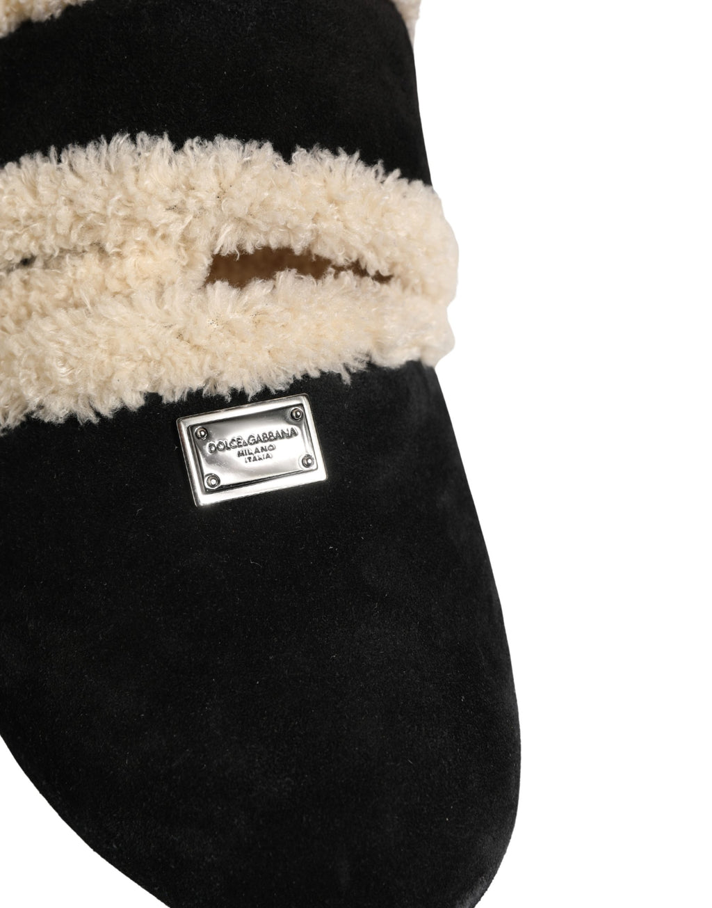 Sandales homme Dolce & Gabbana en fausse fourrure beige et noire, chaussures plates élégantes pour homme.