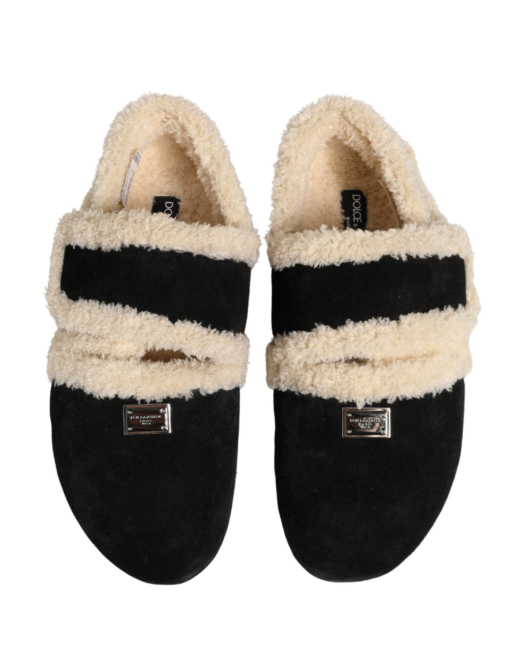Sandales pour hommes Dolce & Gabbana en fausse fourrure beige et noire, chaussures confortables et élégantes.