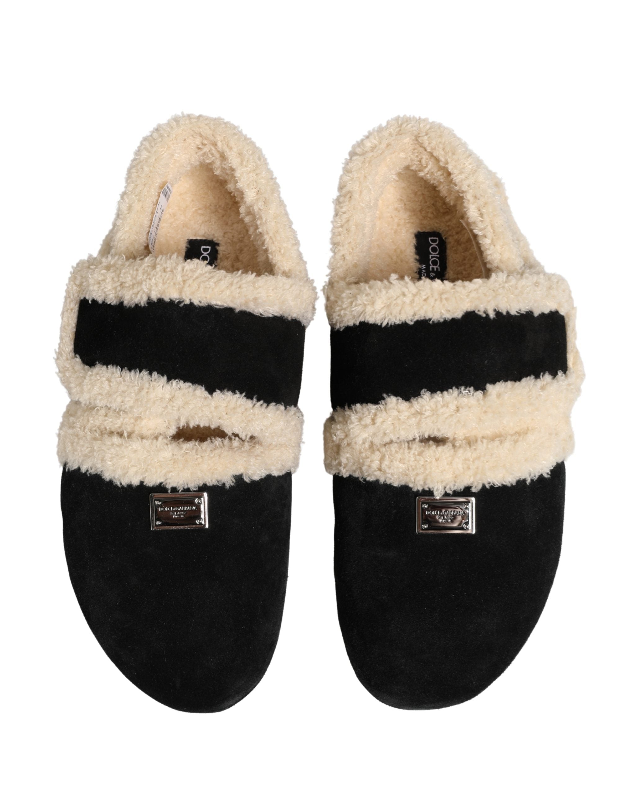 Sandales pour hommes Dolce & Gabbana en fausse fourrure beige et noire, chaussures confortables et élégantes.
