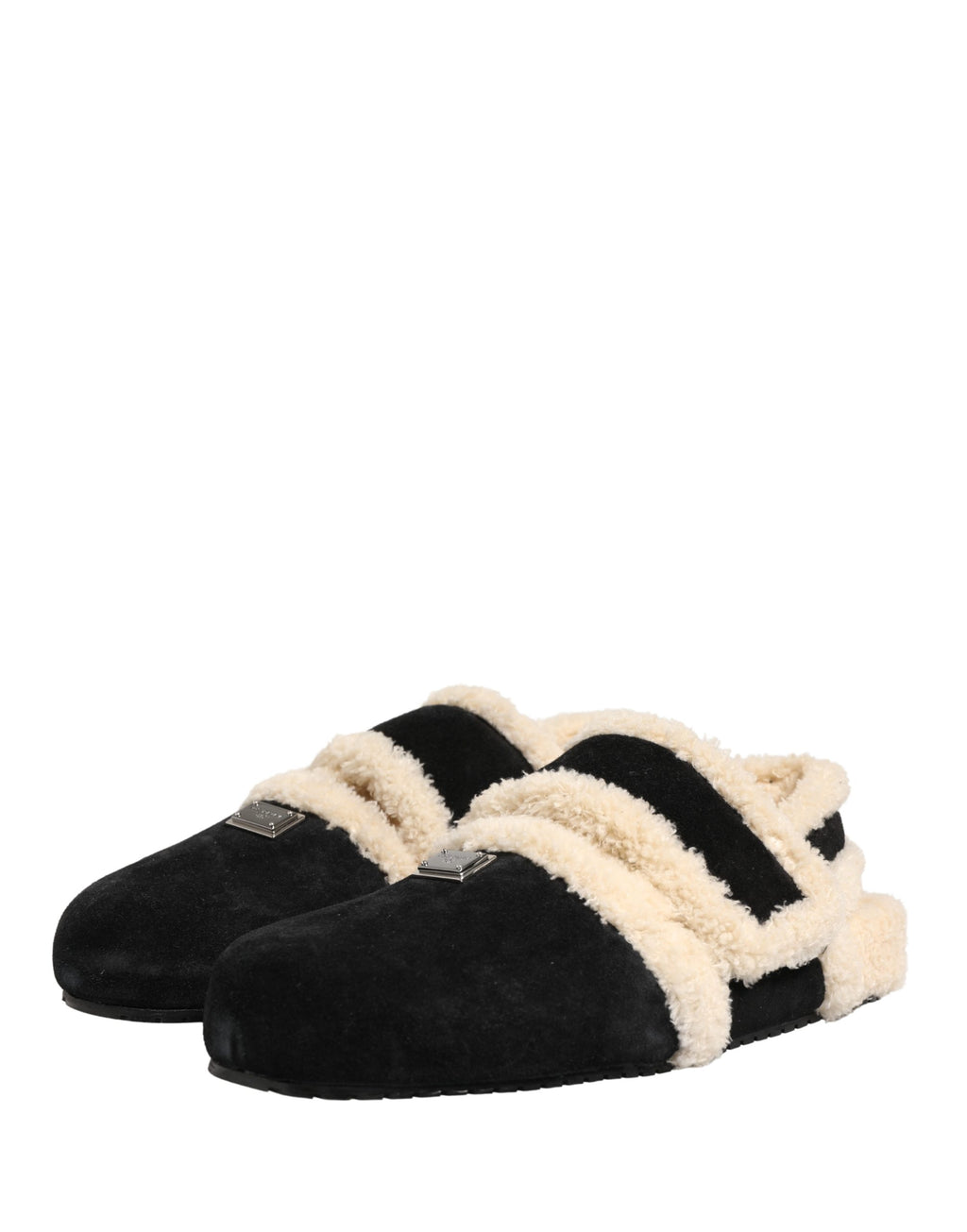 Sandales pour hommes Dolce & Gabbana en fausse fourrure beige et noire, chaussures plates élégantes et confortables.