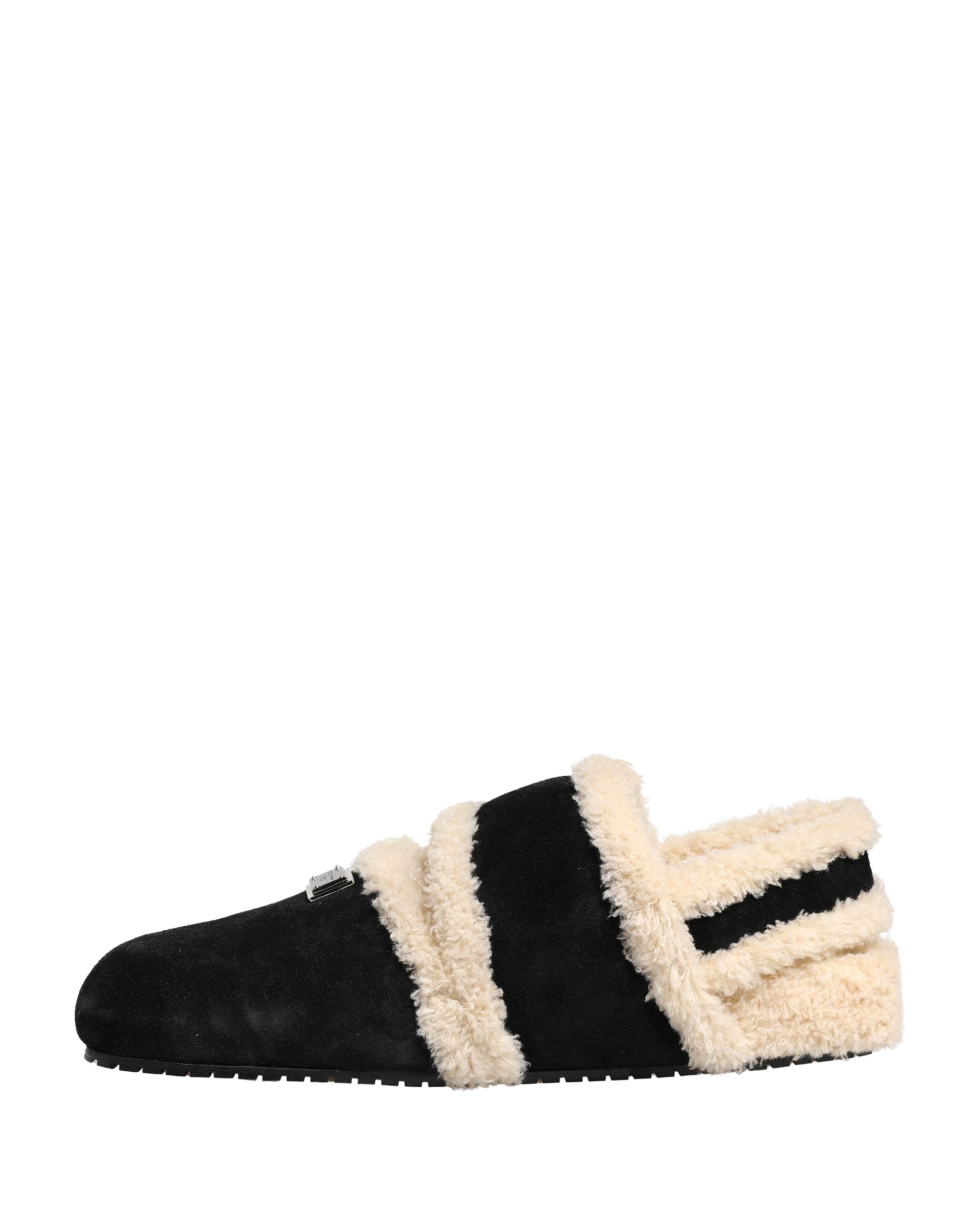 Sandales hommes Dolce & Gabbana en fausse fourrure beige et noire, chaussures élégantes et confortables.