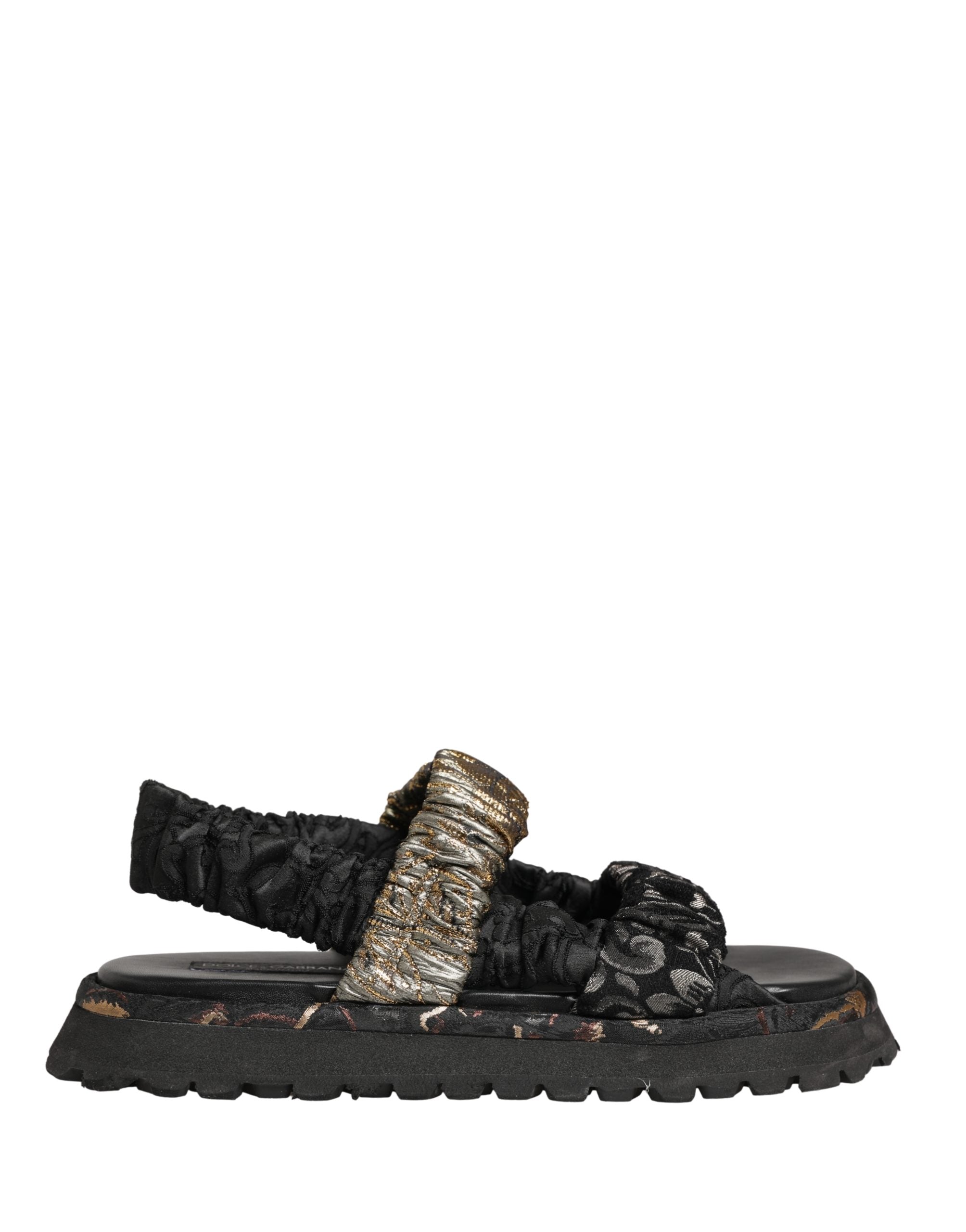 Sandales pour hommes Dolce & Gabbana noires avec détails froncés, chaussures plates élégantes et confortables.