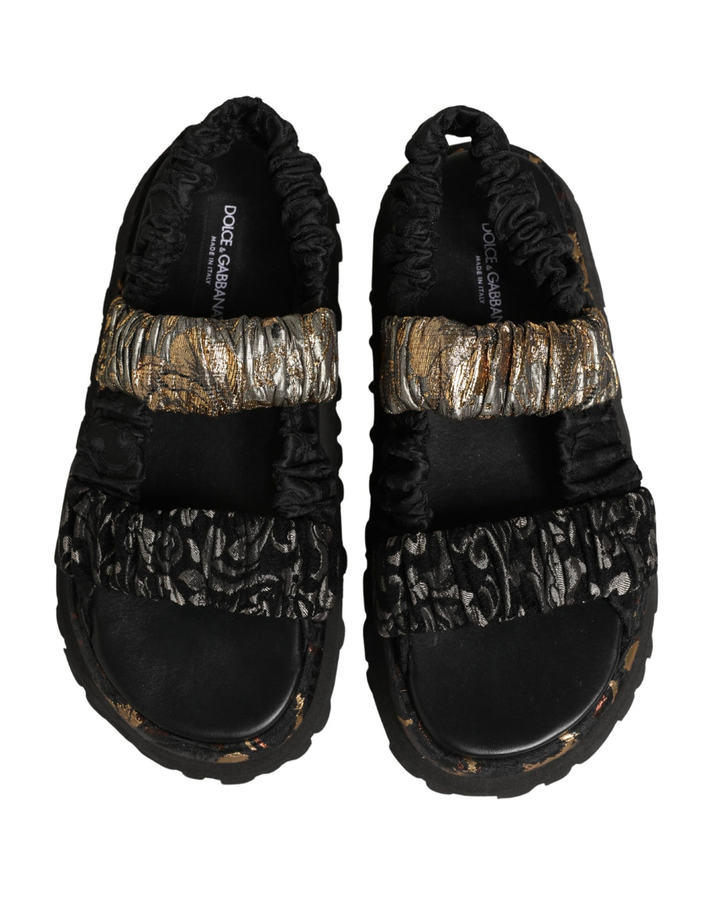 Sandales pour hommes Dolce & Gabbana noires avec détails froncés et semelles plates, chaussures élégantes en cuir.