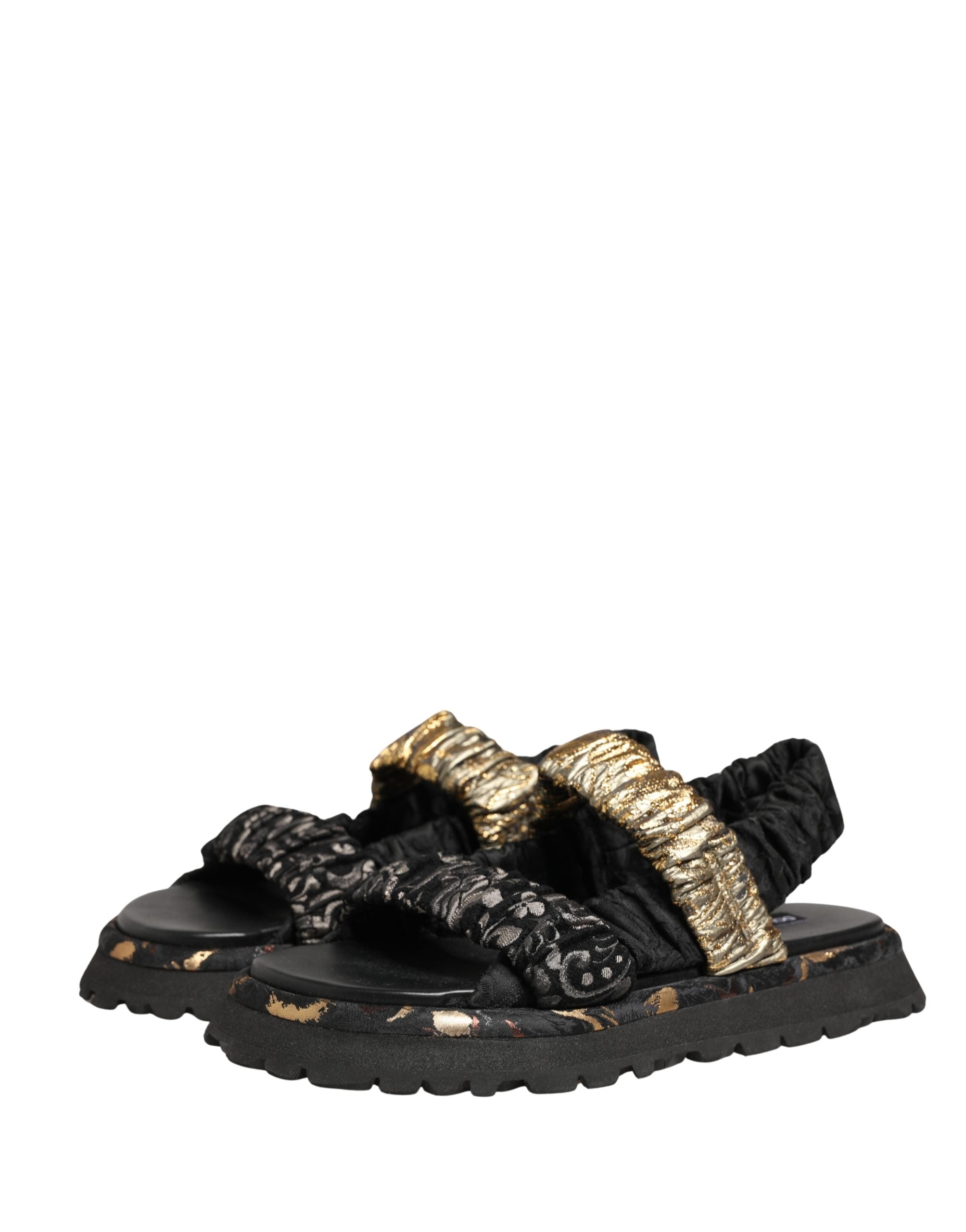 Sandales hommes Dolce & Gabbana noires avec détails plissés et semelle en cuir, chaussures élégantes et confortables.