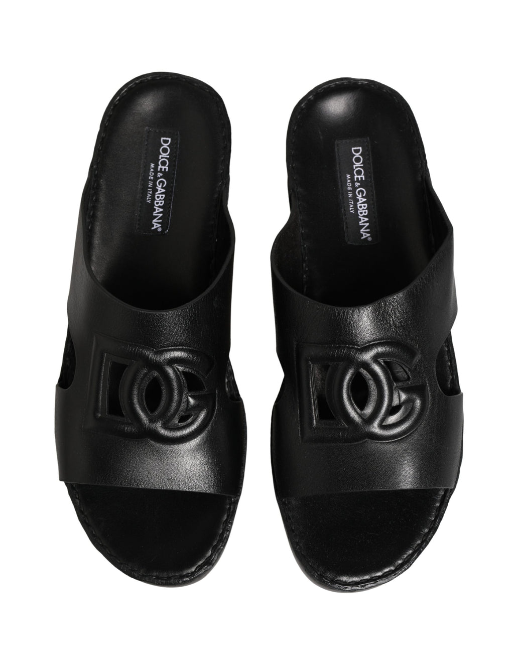 Sandales en cuir noir Dolce & Gabbana avec découpes et logo DG visibles, chaussure élégante pour femme.
