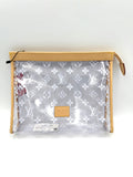 Pochette transparente Louis Vuitton Monogram, en toile avec logo LV, avec fermeture éclair visible et détails en cuir.