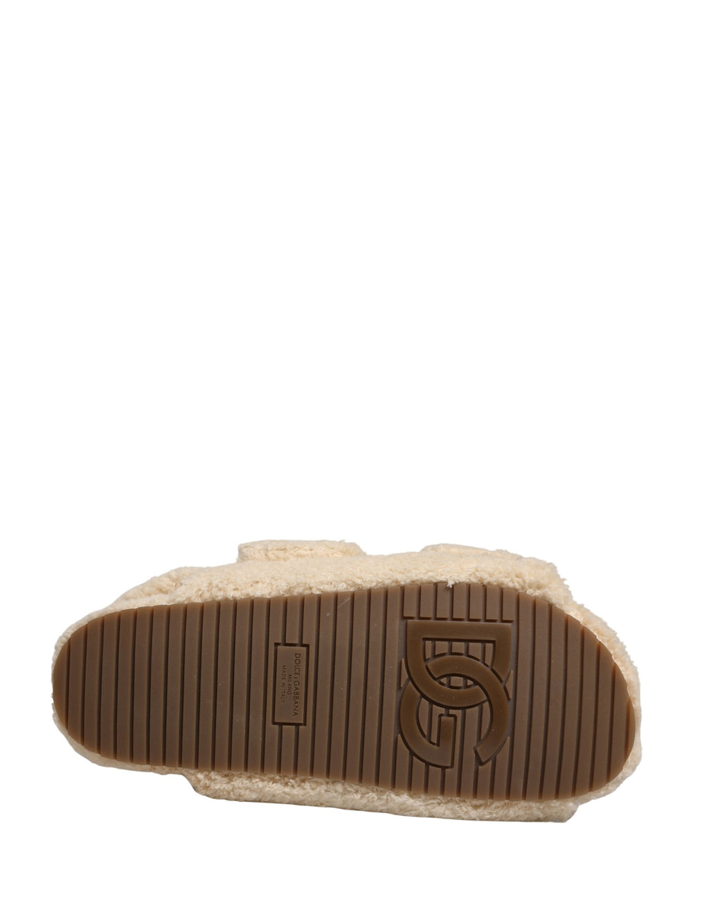 Sandales homme Dolce & Gabbana en fausse fourrure beige, chaussures plates confortables et élégantes.