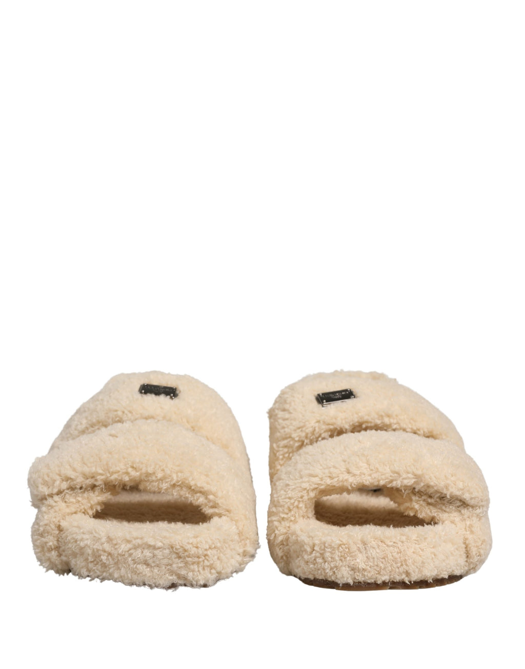 Sandales plates homme Dolce & Gabbana en fausse fourrure beige, chaussures confortables et élégantes.
