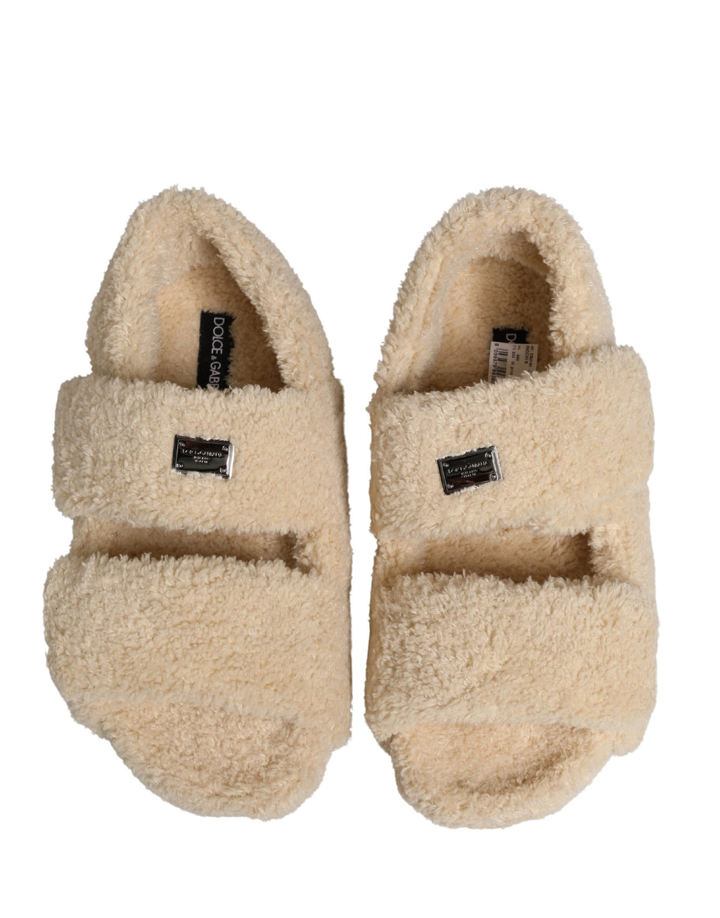 Sandales homme Dolce & Gabbana en fausse fourrure beige, chaussures plates élégantes et confortables.