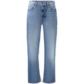 Jeans pour femmes en coton bleu de la marque Calvin Klein, coupe classique avec détails de couture visibles.
