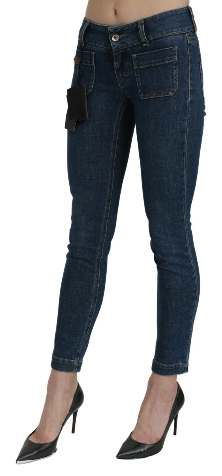 Jeans slim bleu Dolce & Gabbana coupe cropped, taille moyenne, en denim avec détails modernes et style élégant.