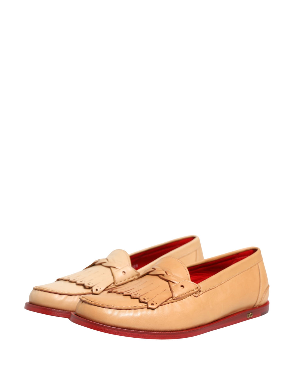 Chaussures mocassins pour homme Dolce & Gabbana en cuir beige avec pampilles et semelle en caoutchouc, style slip-on élégant.