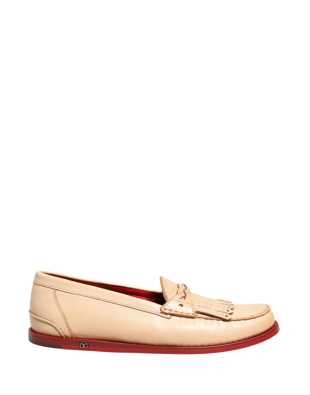 Chaussures mocassins pour homme Dolce & Gabbana en cuir beige avec pampilles, semelles en caoutchouc, style slip-on élégant.
