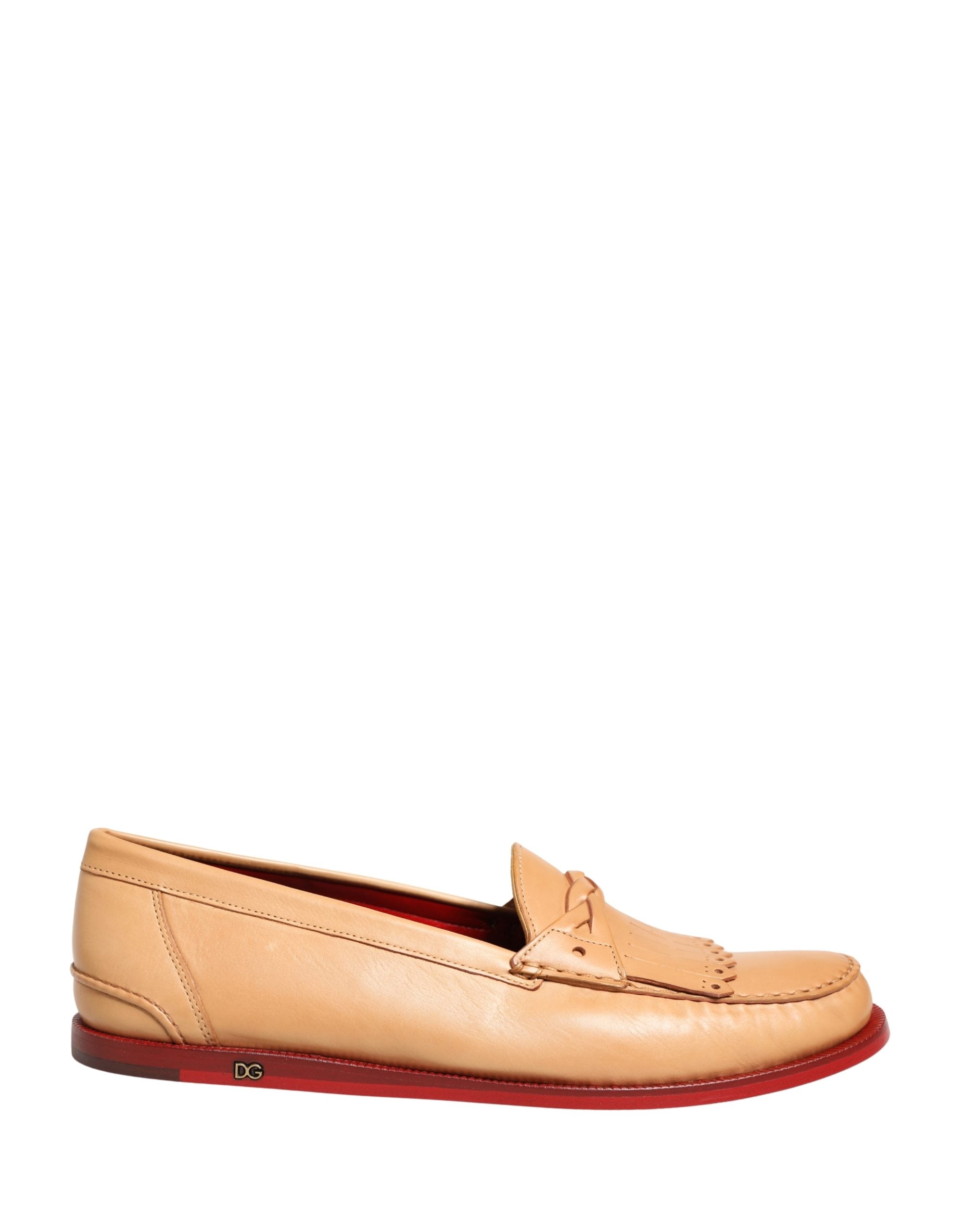 Chaussures loafers en cuir beige avec pompons en cuir pour hommes de Dolce & Gabbana, slip-on élégants et sophistiqués.