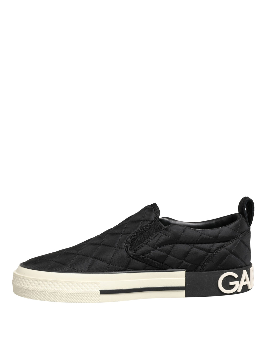 Chaussures sneakers basses noires Dolce & Gabbana avec doublure matelassée et design slip-on, mode élégante et confortable.