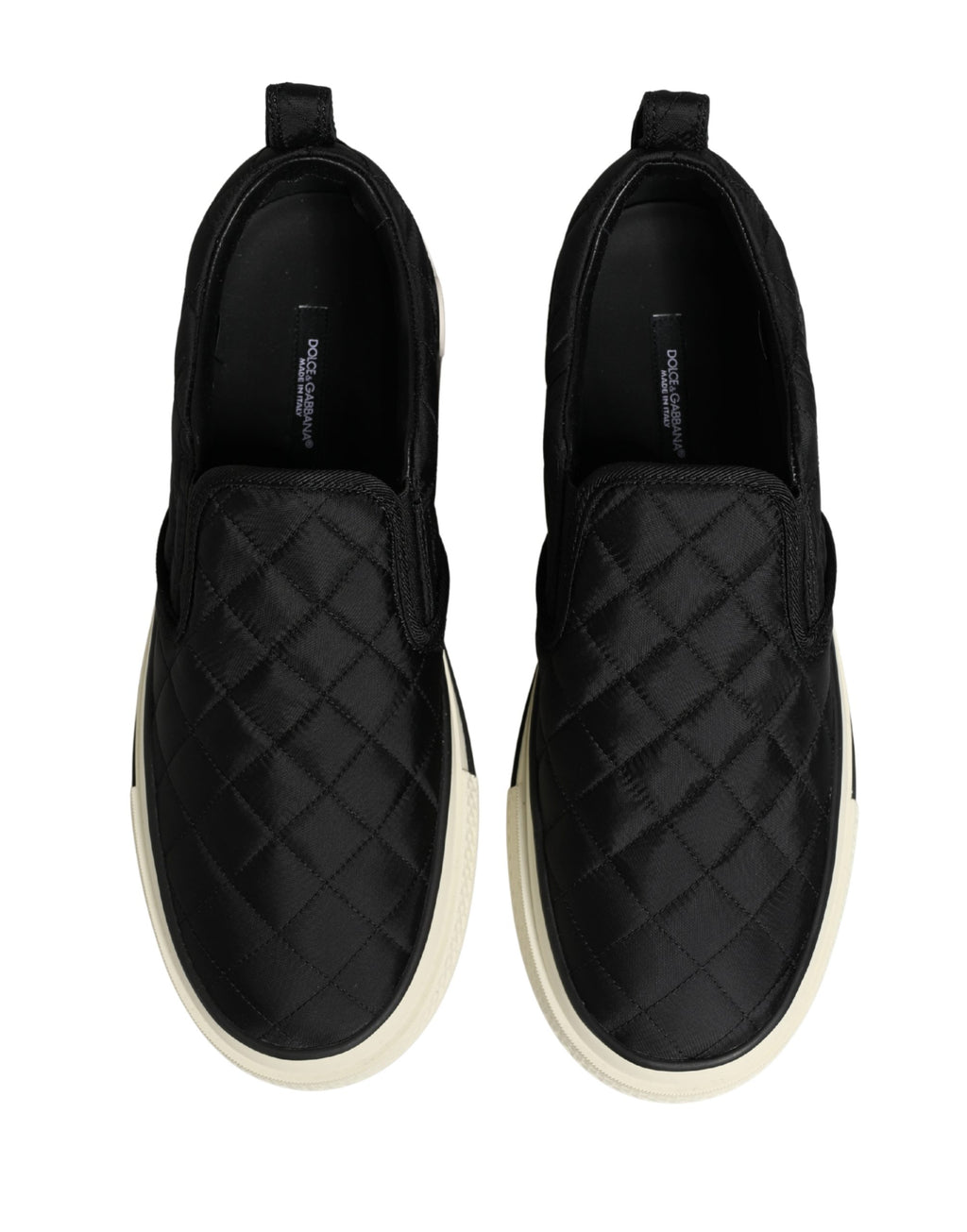 Chaussures sneakers basses noires Dolce & Gabbana en cuir matelassé avec semelle blanche, style slip-on.