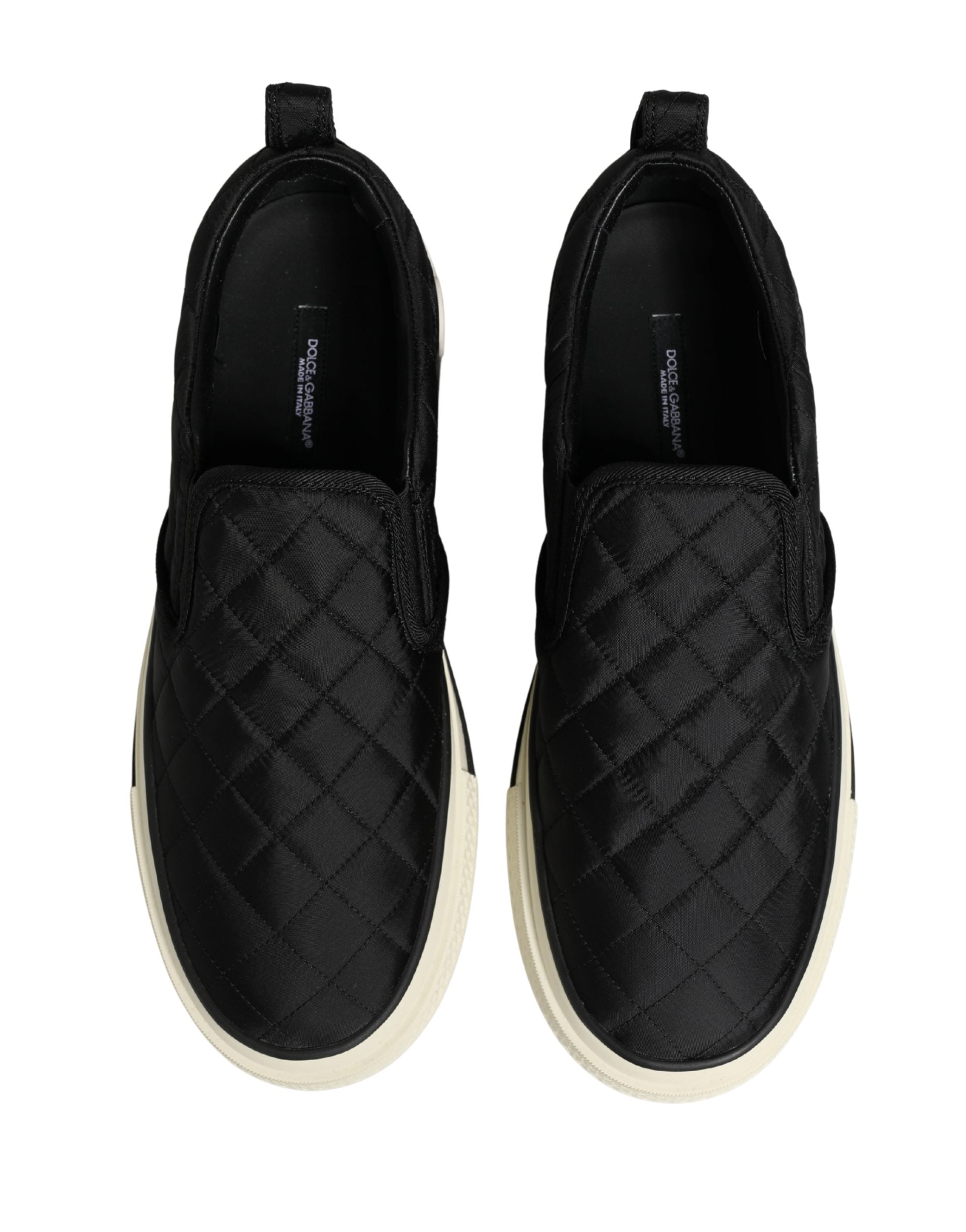 Chaussures sneakers basses noires Dolce & Gabbana en cuir matelassé avec semelle blanche, style slip-on.