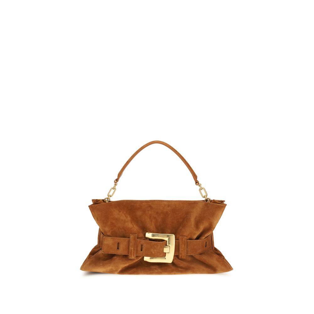 Sac à main Balmain en cuir de veau marron Bos Taurus, design élégant et finition raffinée, visible en gros plan.