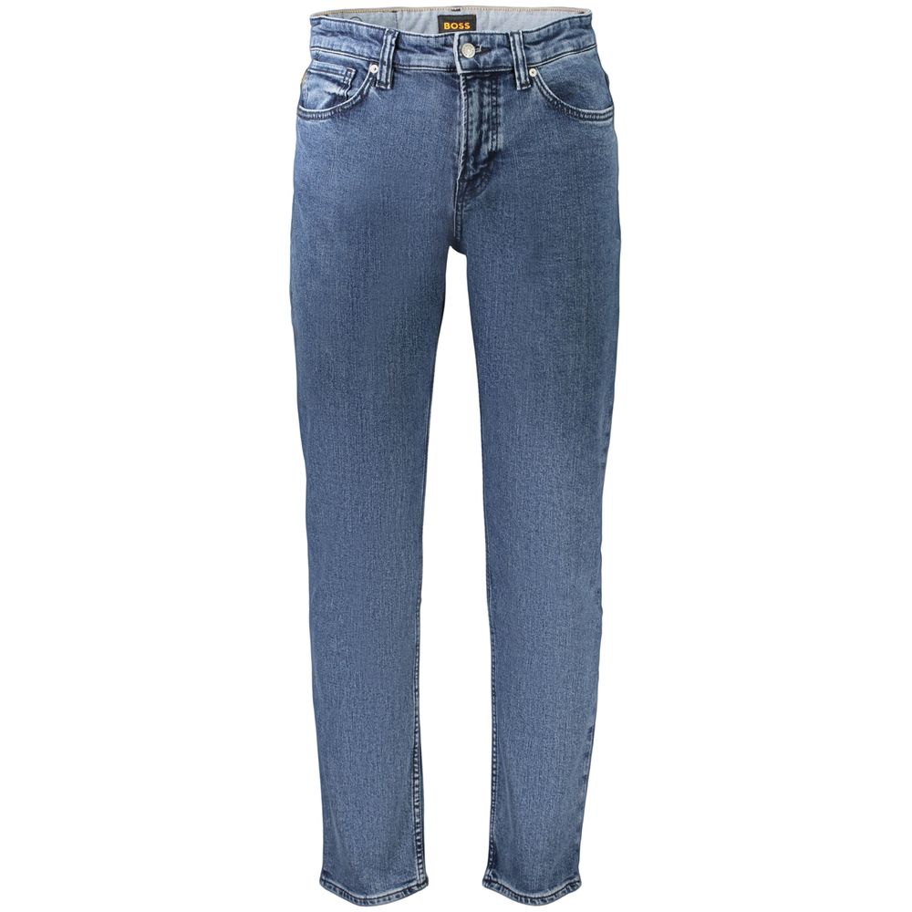 Jeans homme en coton bleu Hugo Boss, coupe classique, détails de couture visibles, style décontracté et moderne.