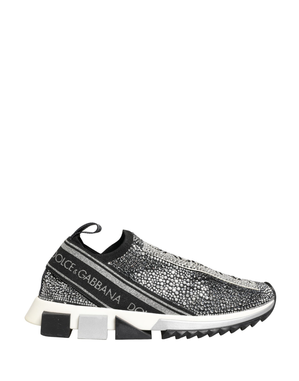 Chaussures sneakers Dolce & Gabbana Sorrento en argent avec logo en cristal, style slip-on, vues de l’avant.