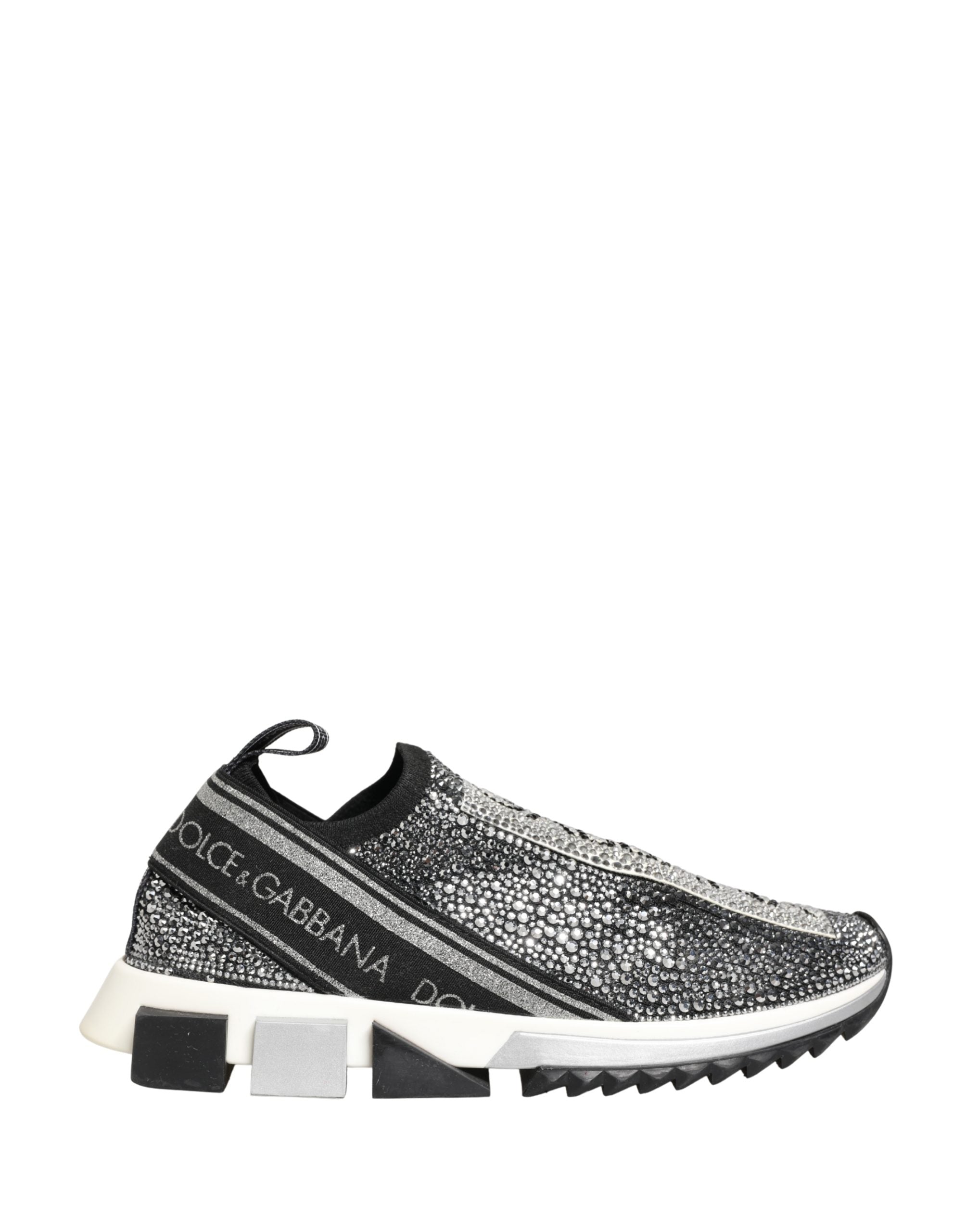 Chaussures Dolce & Gabbana Sorrento en argent avec logo en cristal, baskets slip-on élégantes et modernes.
