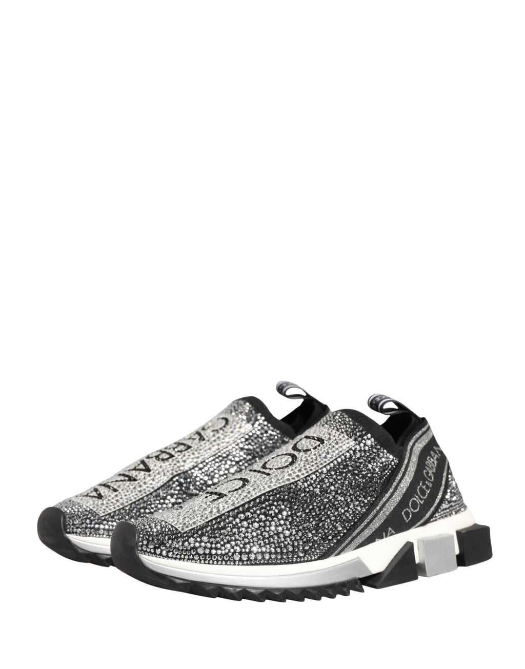 Chaussures slip-on Dolce & Gabbana Sorrento en argent avec logo en cristal, baskets élégantes pour homme ou femme.