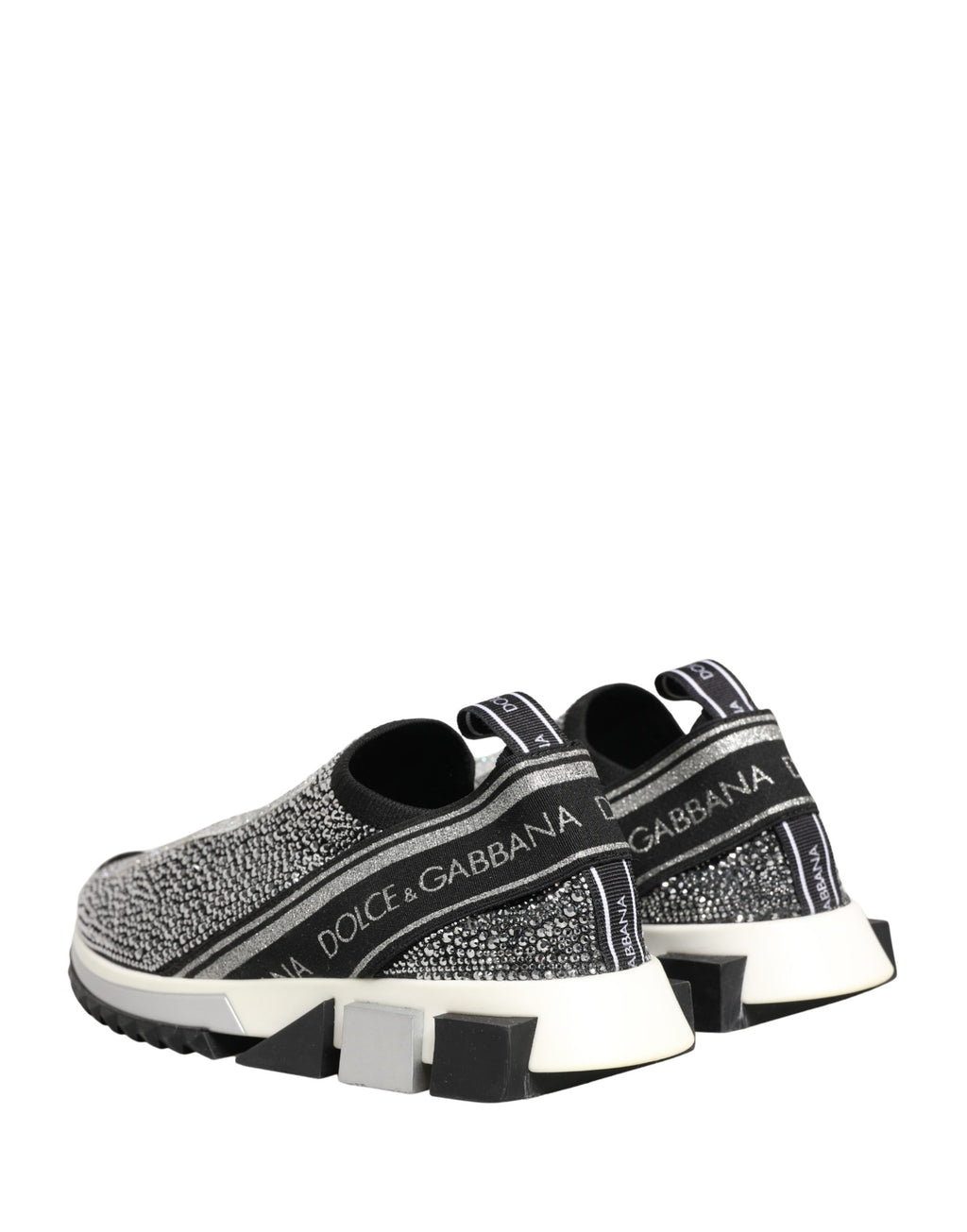Chaussures sneakers Dolce & Gabbana Sorrento en argent avec logo en cristal, sans lacets, vue de face.