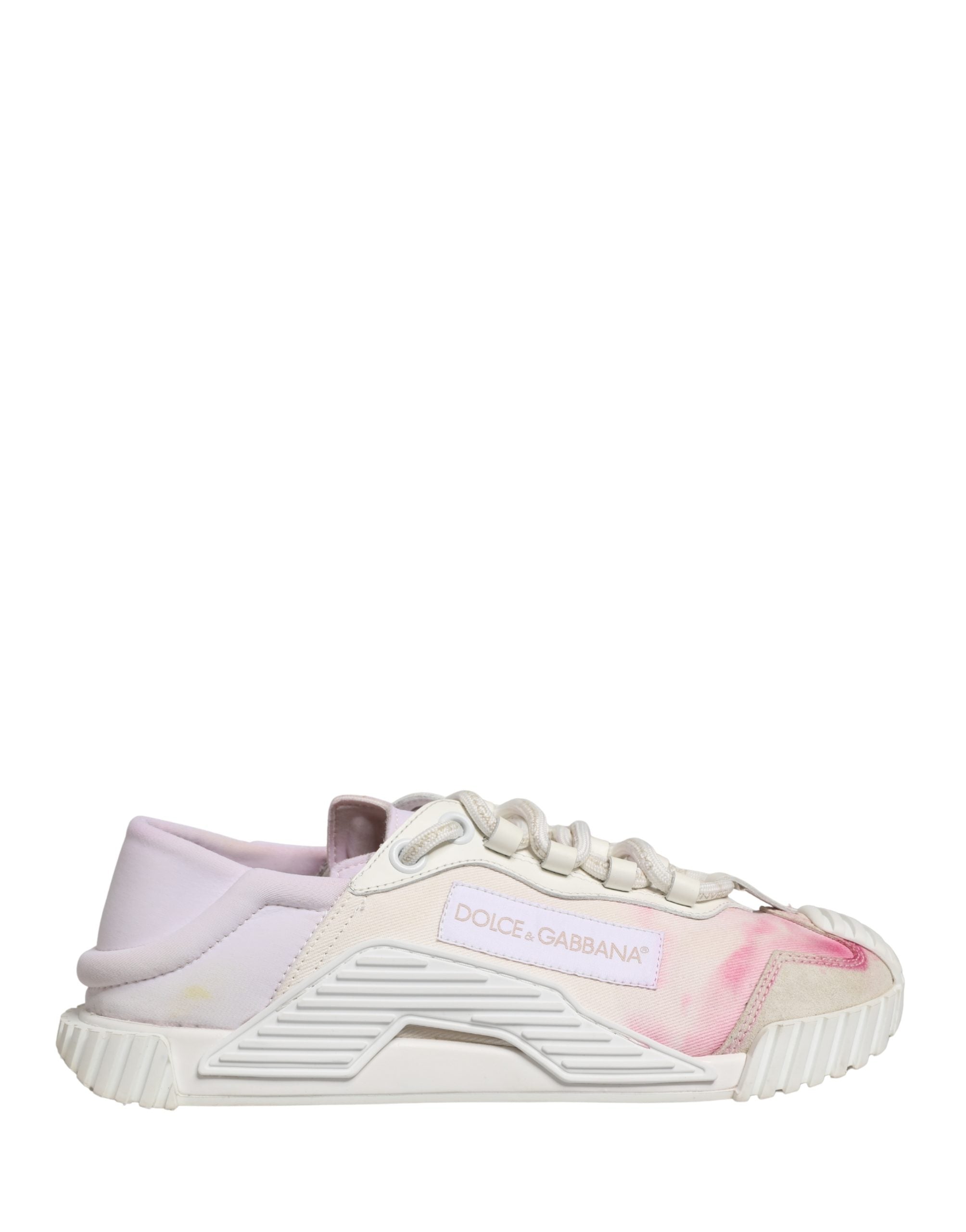 Chaussures basses blanches Dolce & Gabbana NS1 en dentelle, lacets, vue de face sur fond blanc