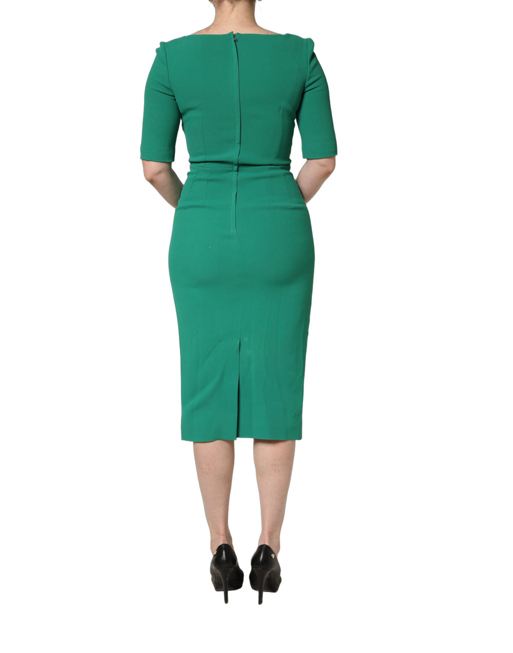 Robe midi verte Dolce & Gabbana à manches courtes, coupe crayon, style élégant et sophistiqué pour femme.