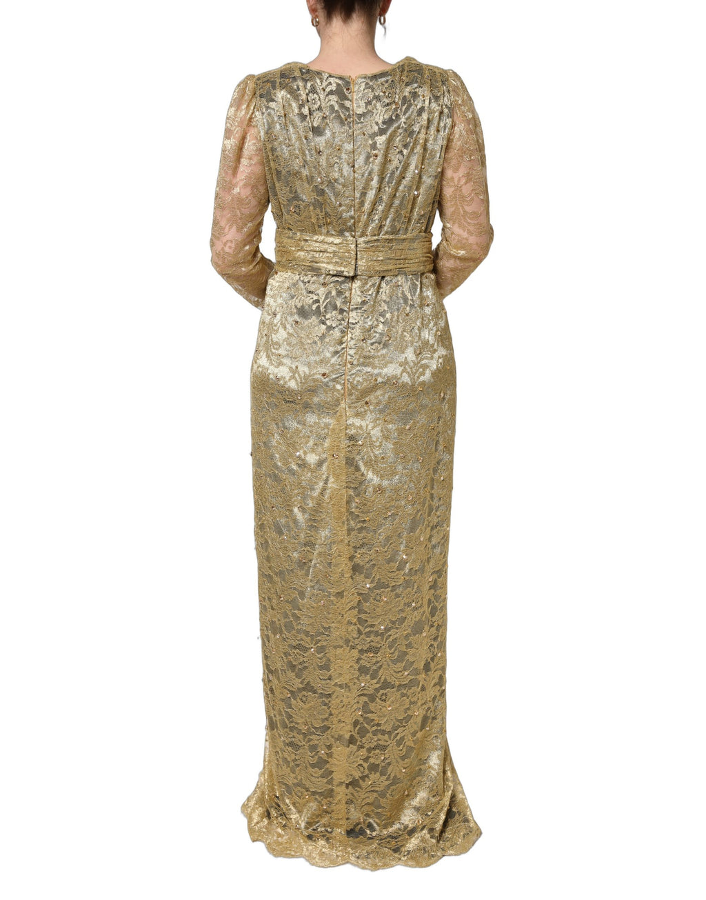 Robe en dentelle transparente dorée Dolce & Gabbana ornée de cristaux brillants, élégante et sophistiquée.
